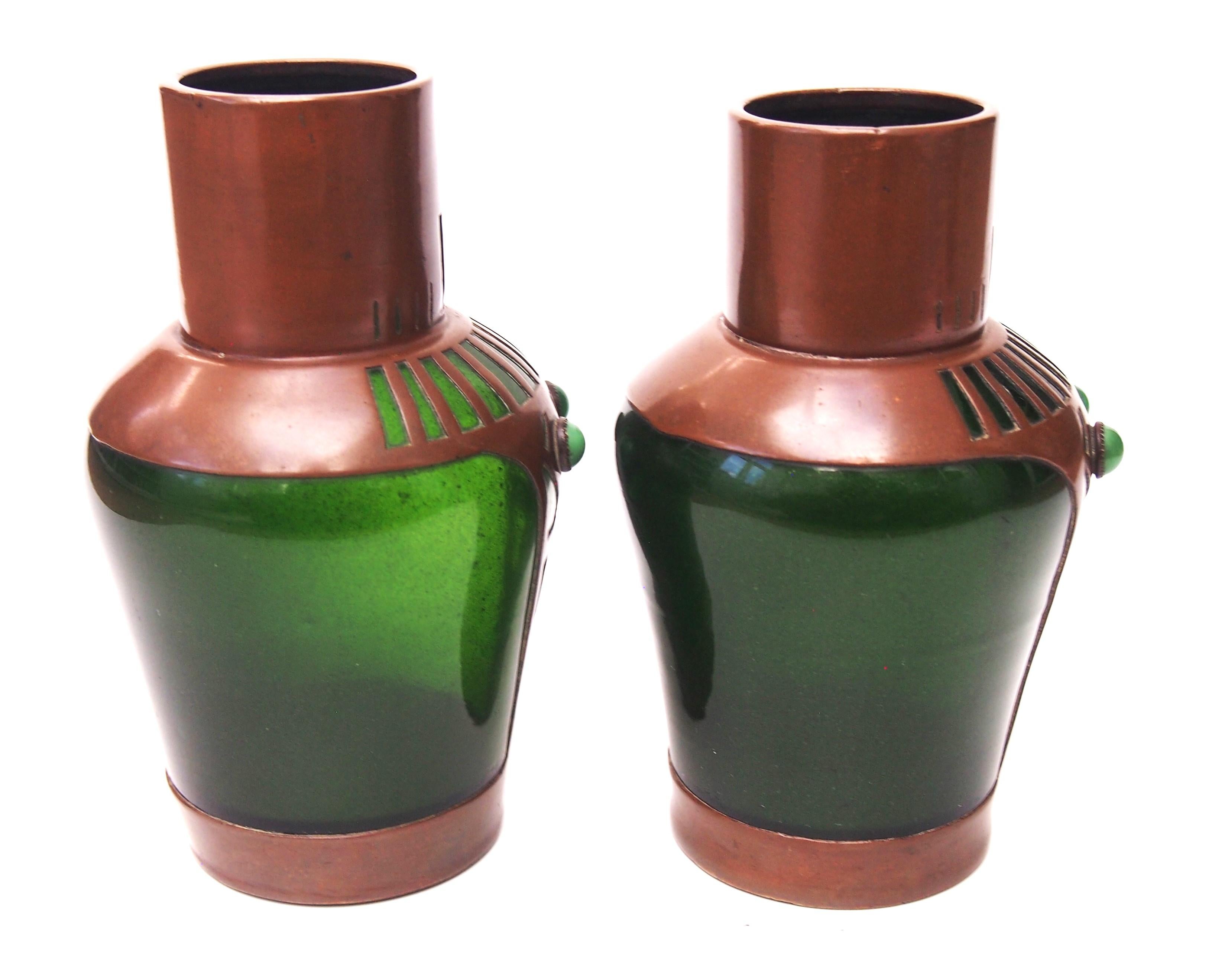 Czech Pair of Riedel Secessionist Aventurine Copperclad and Jewelled Glass Vases c1900 For Sale