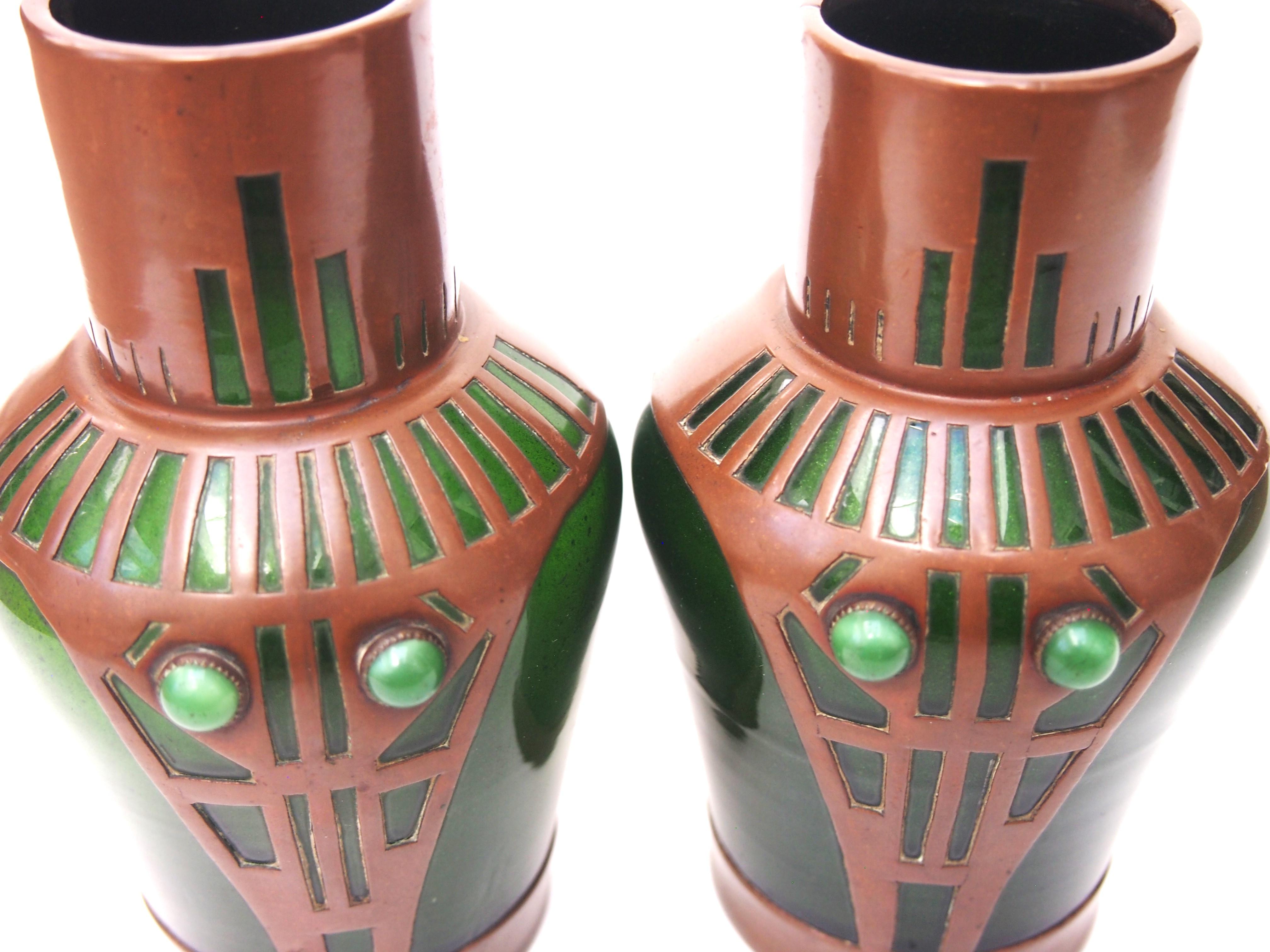 Pair of Riedel Secessionist Aventurine Copperclad and Jewelled Glass Vases c1900 In Good Condition For Sale In Worcester Park, GB