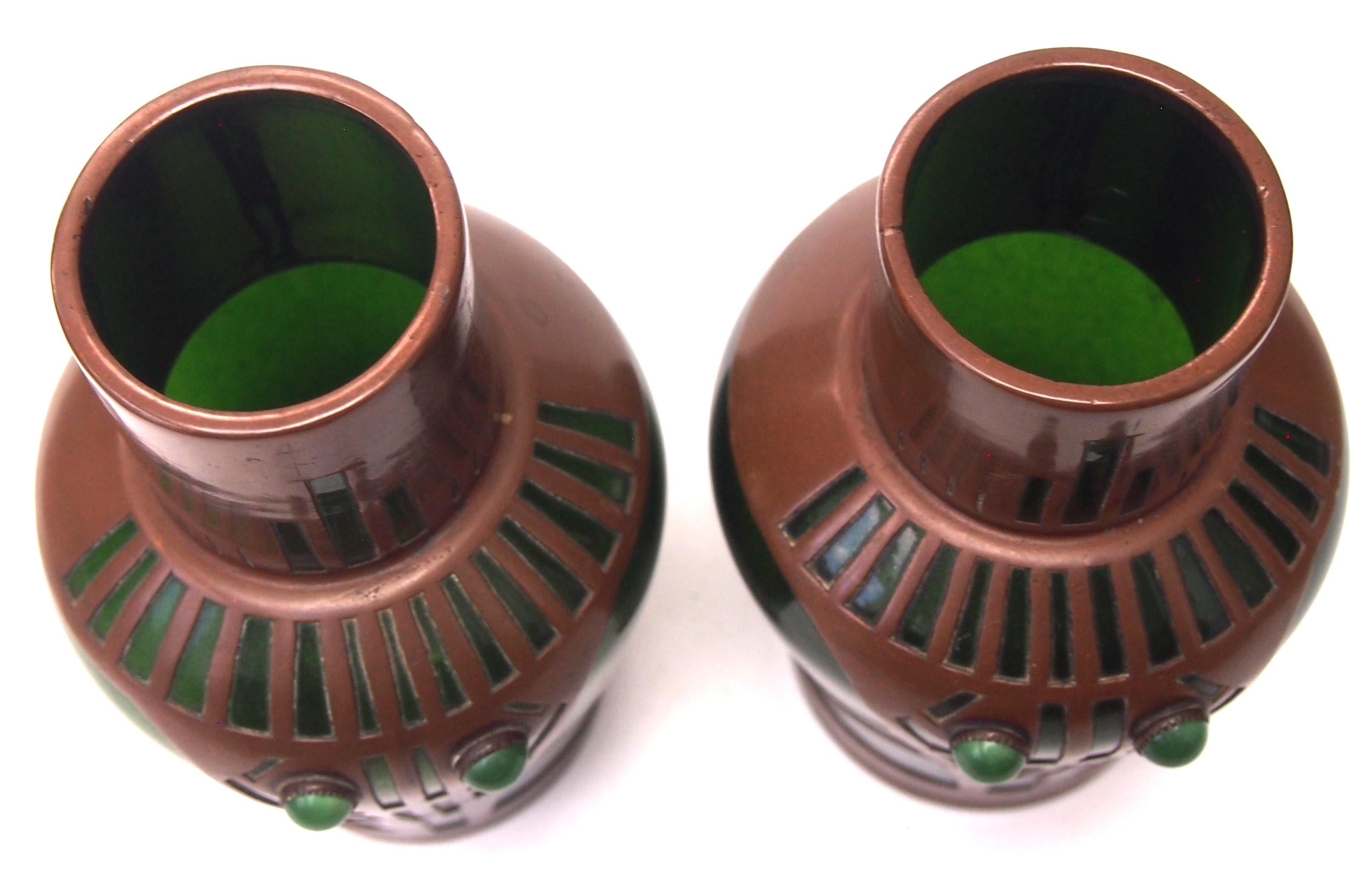 Art Glass Pair of Riedel Secessionist Aventurine Copperclad and Jewelled Glass Vases c1900 For Sale