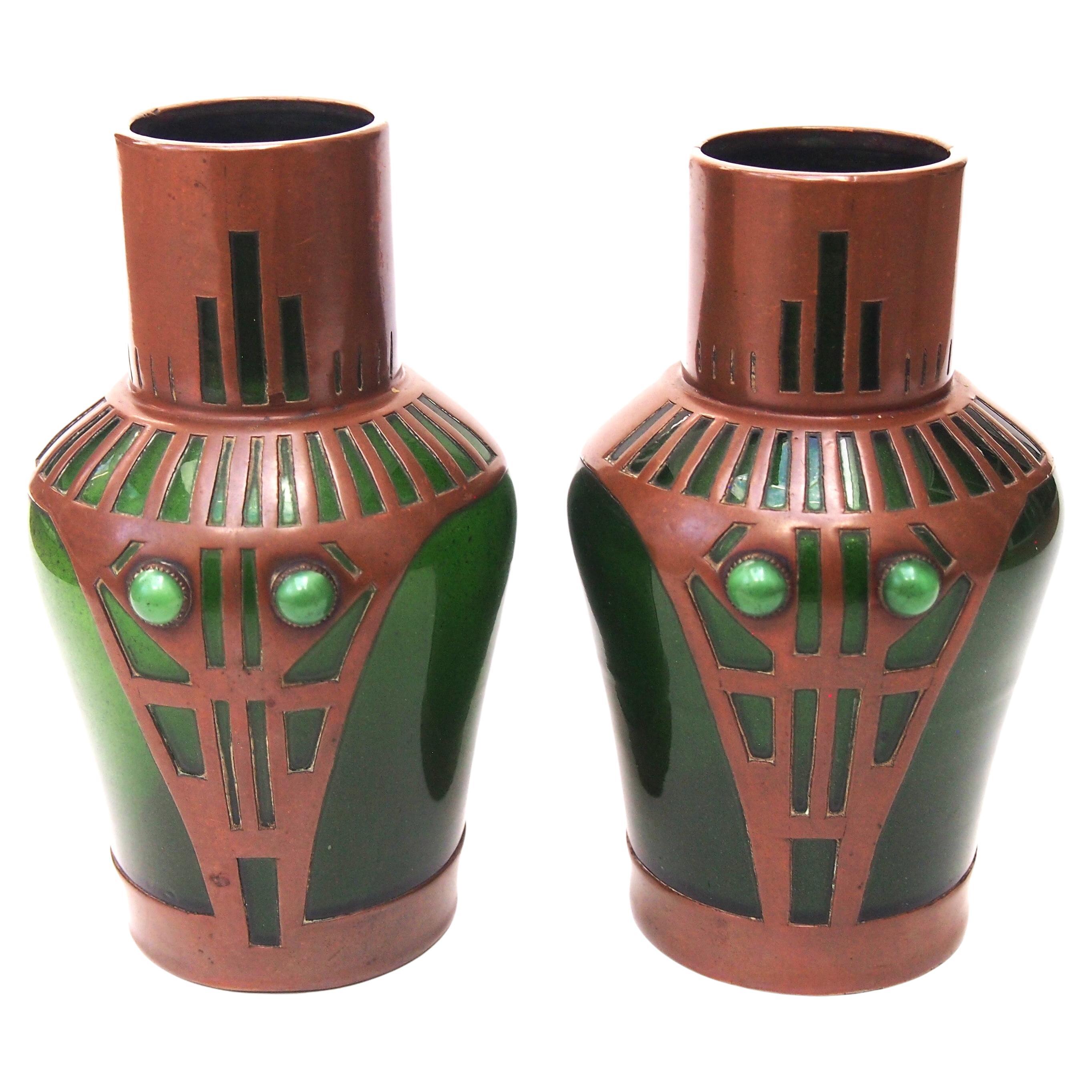 Pair of Riedel Secessionist Aventurine Copperclad and Jewelled Glass Vases c1900 For Sale