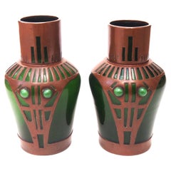 Antique Pair of Riedel Secessionist Aventurine Copperclad and Jewelled Glass Vases c1900