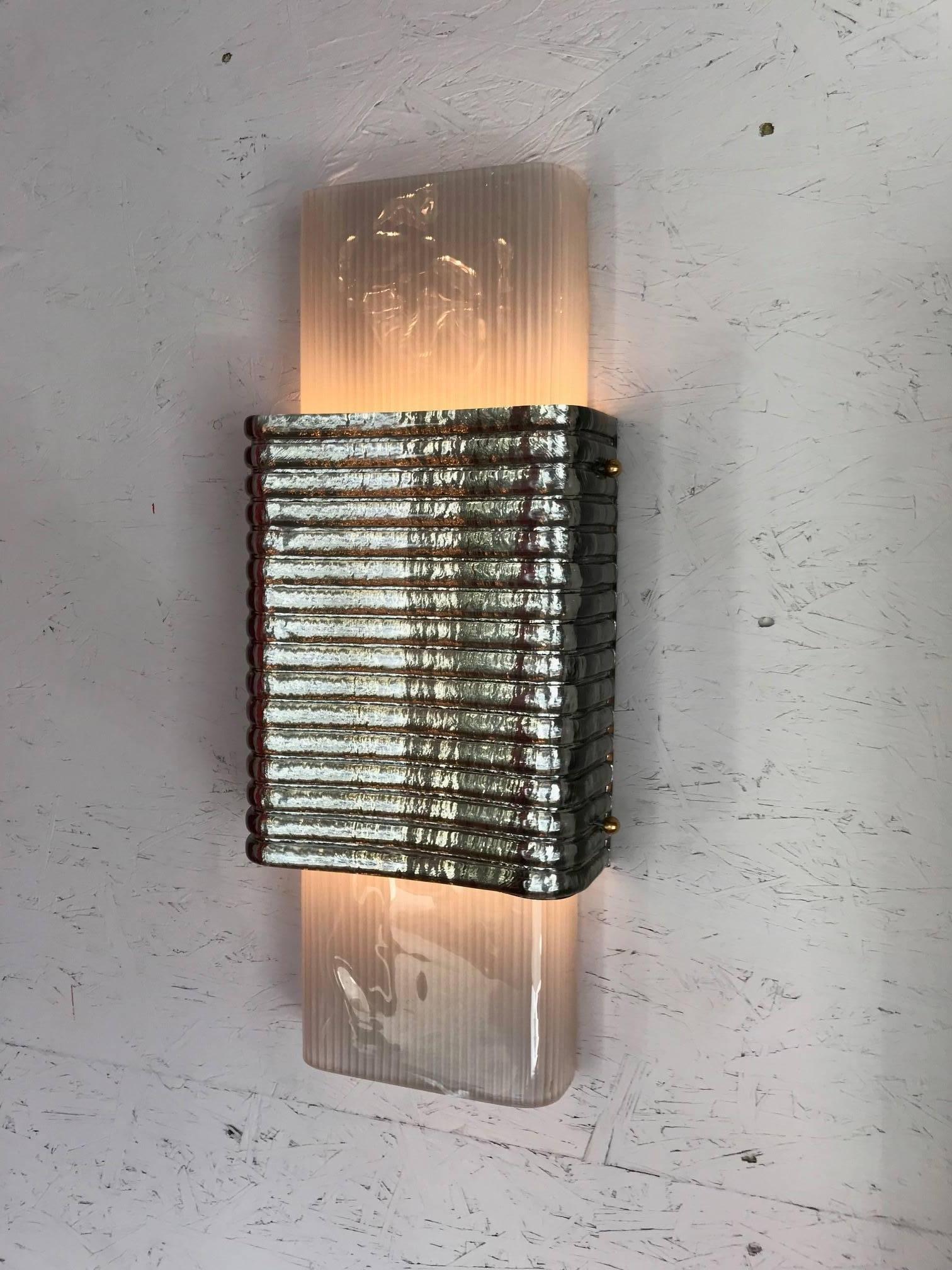 Italian Murano wall light or flush mount with frosted ribbed and silvered textured glass panels, designed by Fabio Bergomi for Fabio Ltd / Made in Italy
4 lights / E12 or E14 type / max 40W each
Measures: Depth 4 inches, width 10 inches, height 24