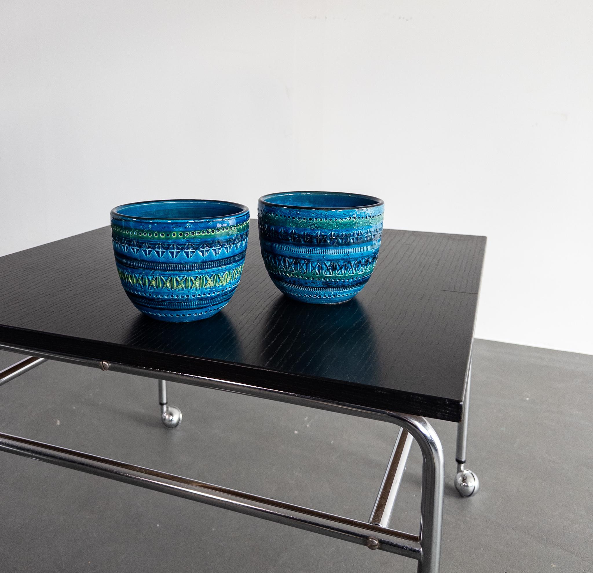 Mid-Century Modern Paire de jardinières en céramique bleue Rimini d'Aldo Londi pour Bitossi, Italie, années 1960 en vente