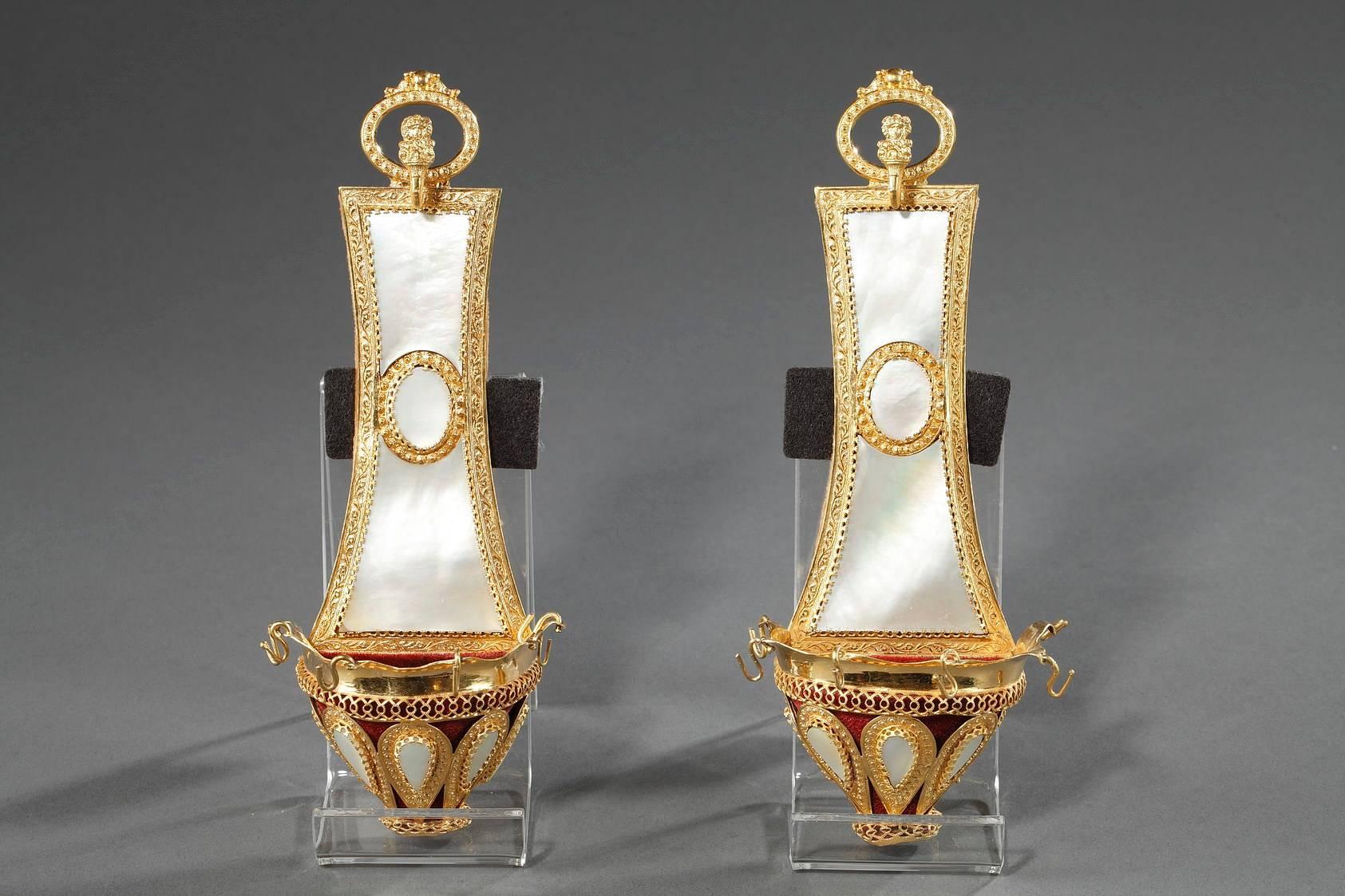 Charles X Pair of Ring Holders in Mother of Pearl and Gilt Bronze, Palais Royal Work