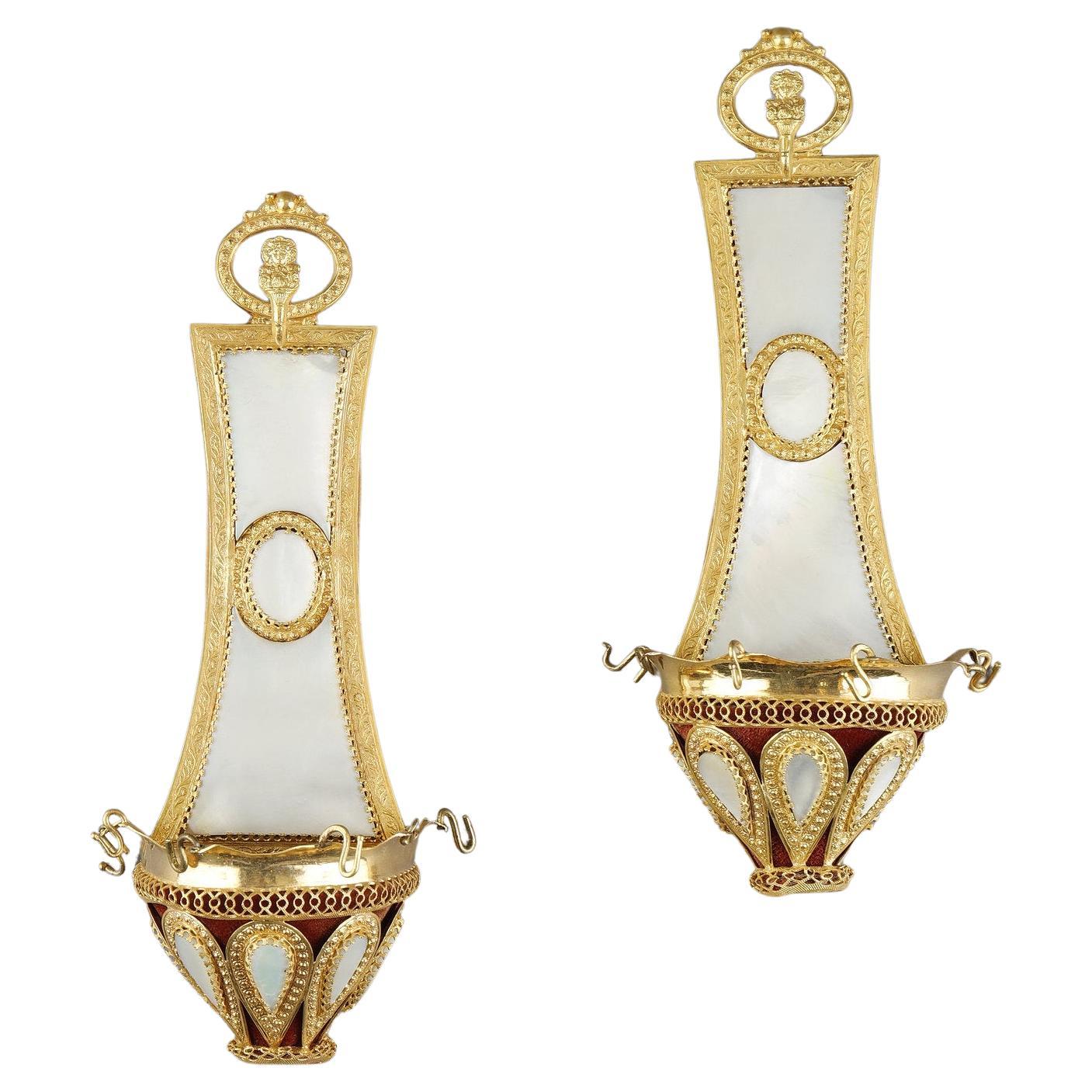 Pair of Ring Holders in Mother of Pearl and Gilt Bronze, Palais Royal Work For Sale