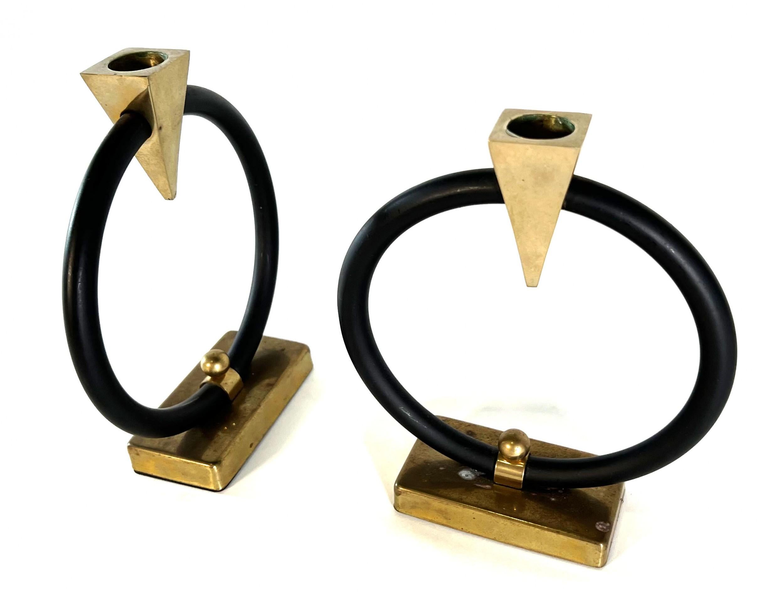 Pair of Ring Metal Candleholders For Sale 2