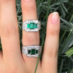 Pair of Rings Colombian Emerald & Diamond Platinum Ring Green Paste Silver Ring