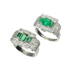 Vintage Pair of Rings Colombian Emerald & Diamond Platinum Ring Green Paste Silver Ring