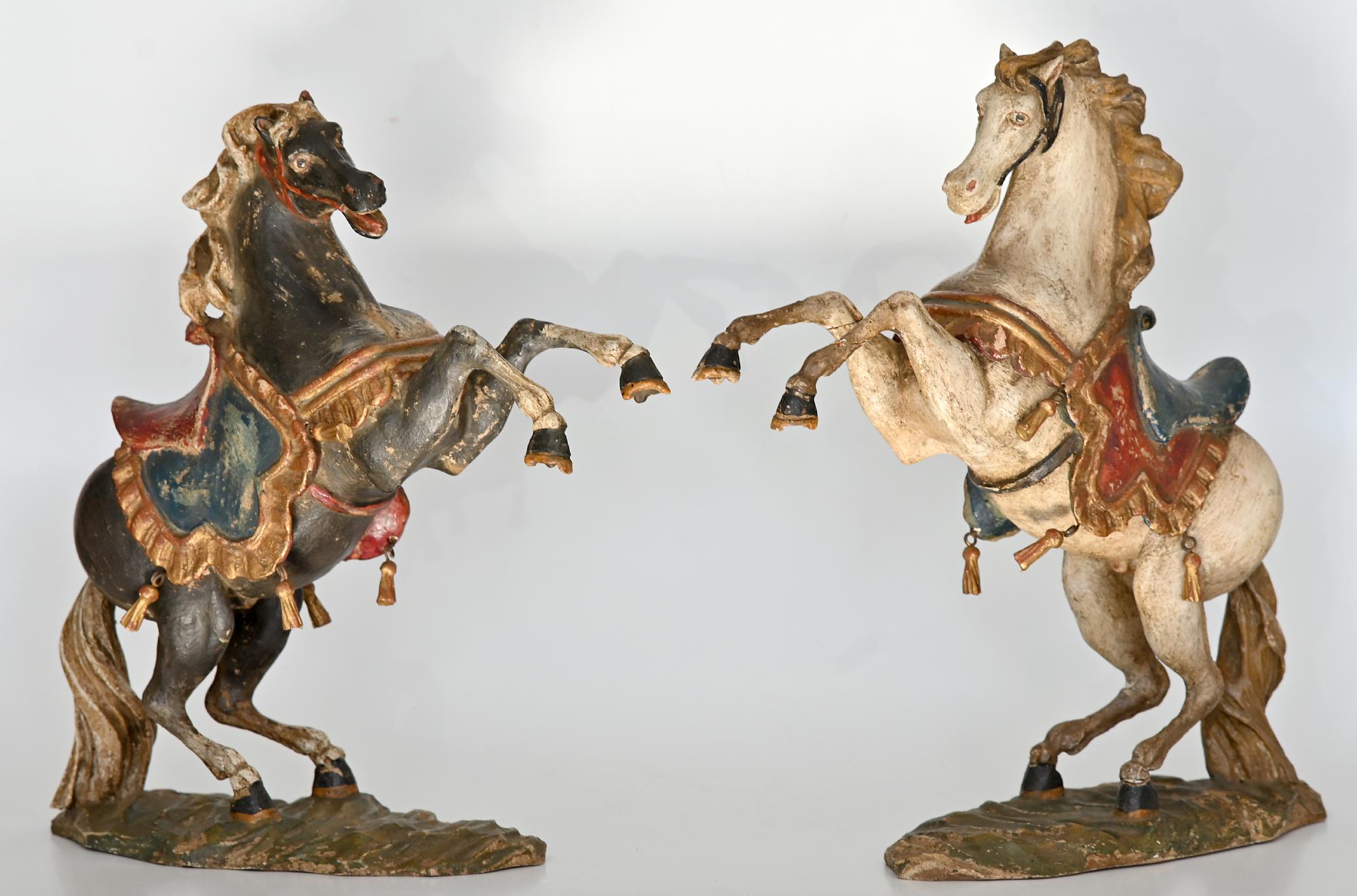 Pair of Rising Horses, Bavaria Oberammergau circa 1930 Carved Wood, Painted 4