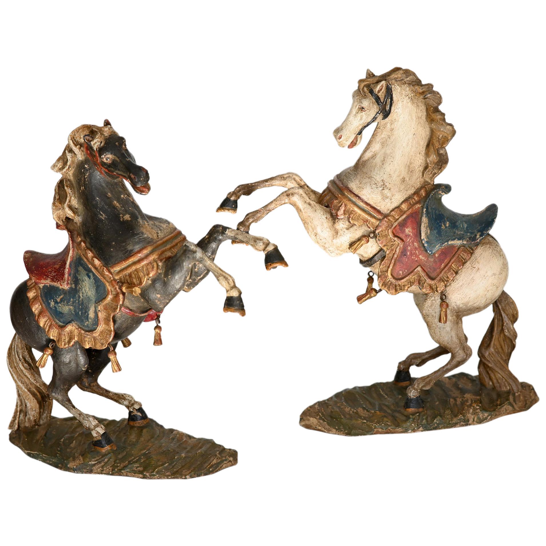 Pair of Rising Horses, Bavaria Oberammergau circa 1930 Carved Wood, Painted