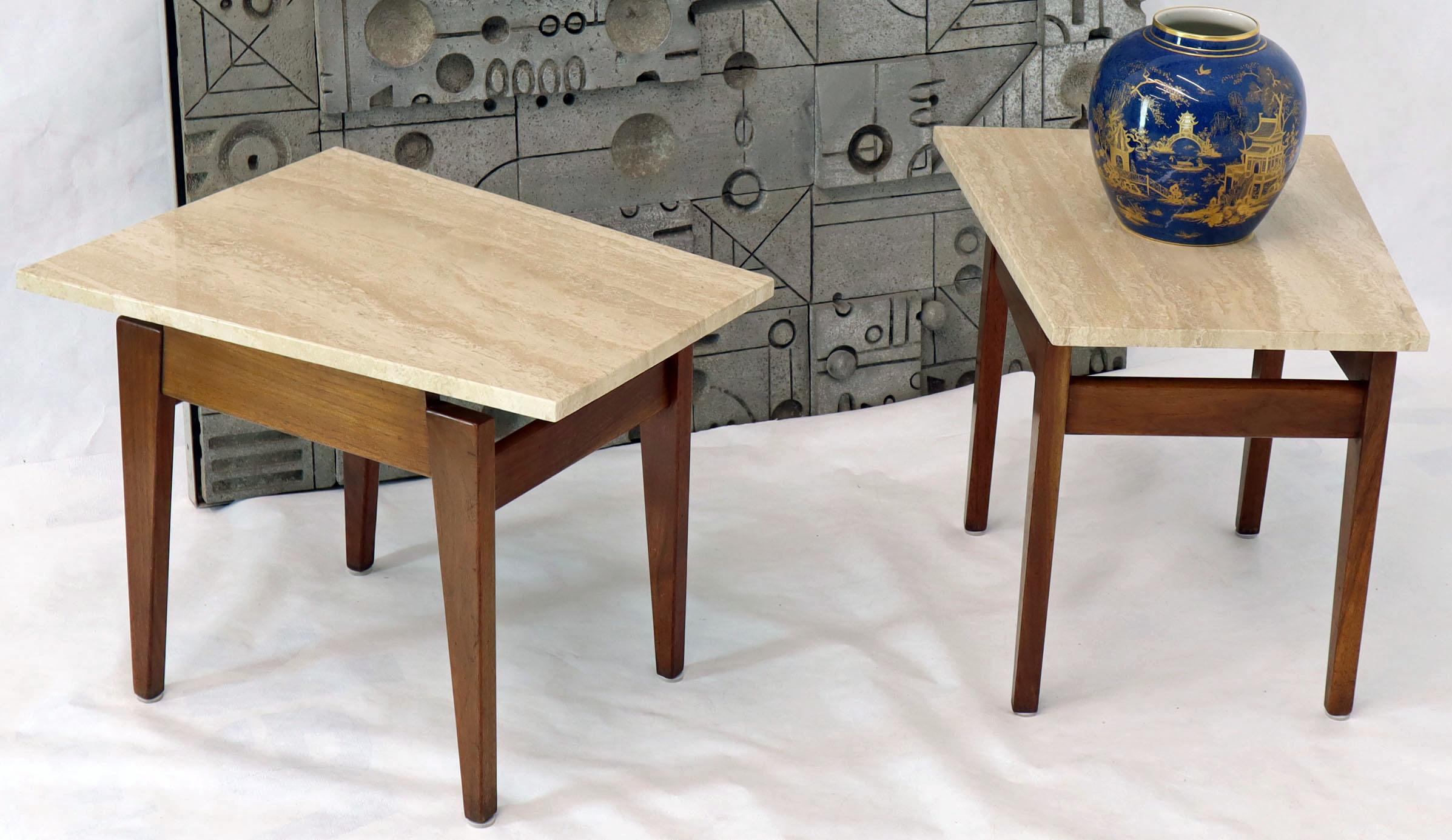 Pair of Risom Walnut End Tables W/ Wedge Shape Travertine Marble Tops  5