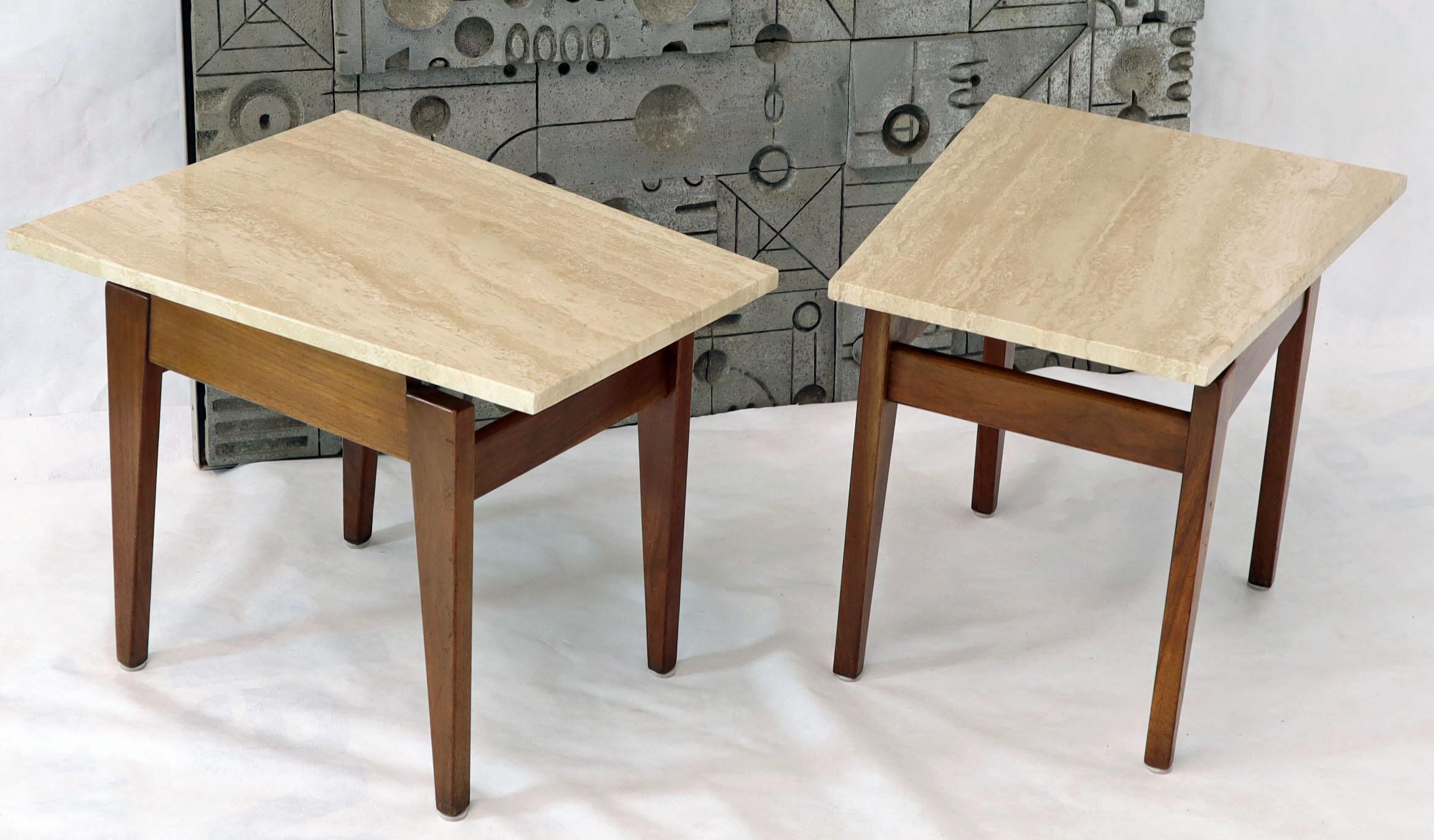 Pair of Risom Walnut End Tables W/ Wedge Shape Travertine Marble Tops 6