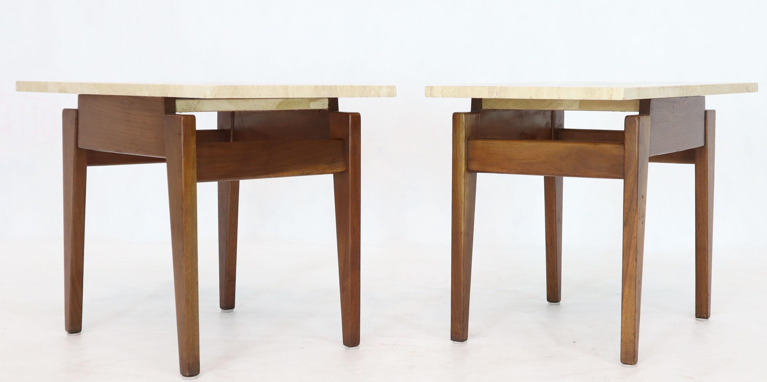 Pair of Mid-Century Modern Risom wedge shape tops end side tables in oiled walnut.