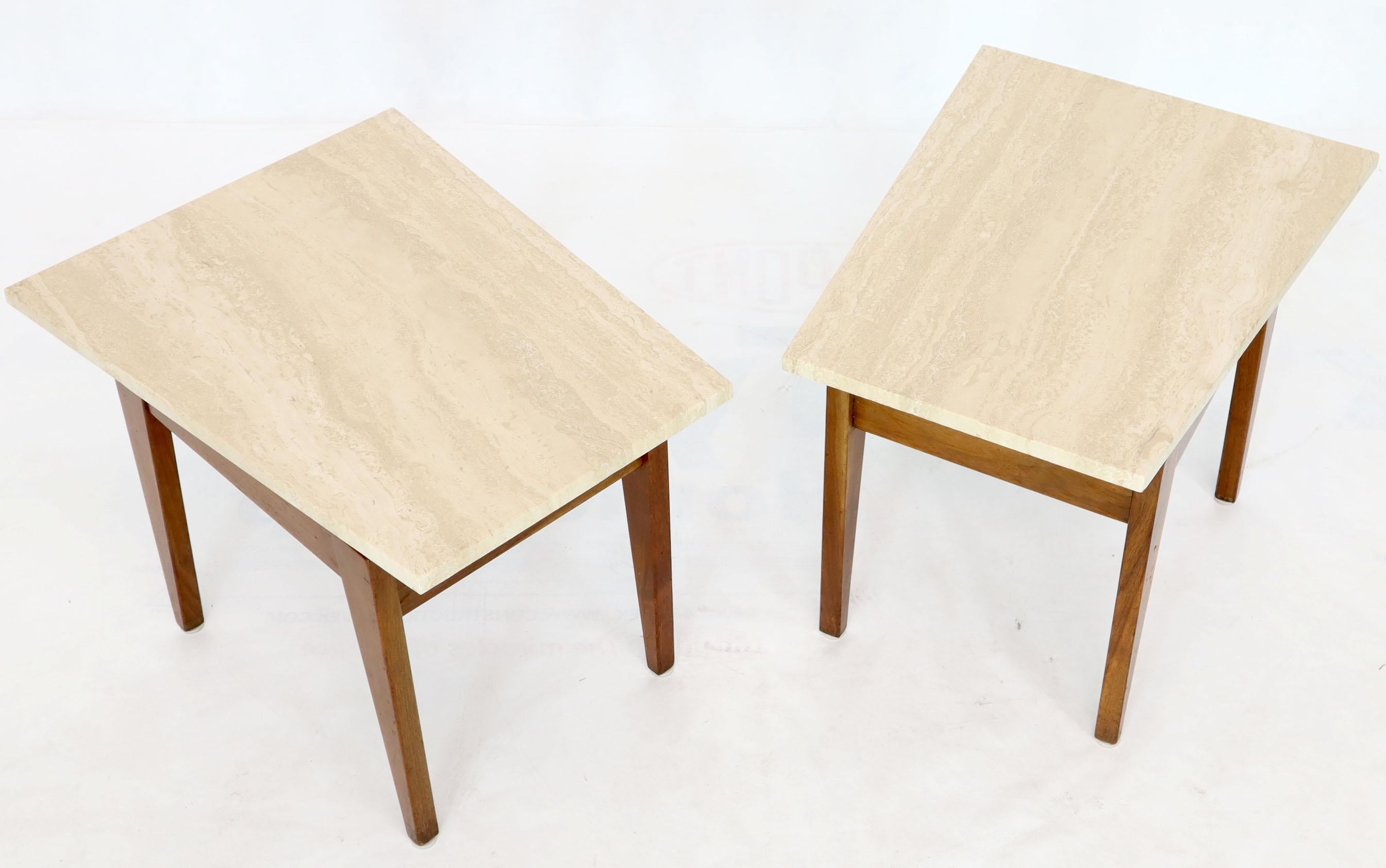 Mid-Century Modern Pair of Risom Walnut End Tables W/ Wedge Shape Travertine Marble Tops 