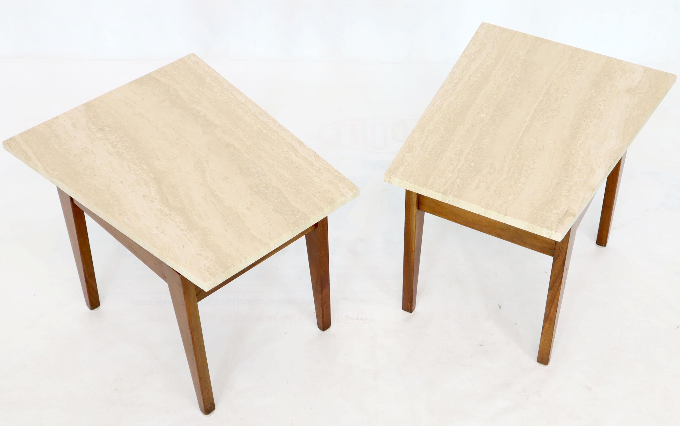 Mid-Century Modern Pair of Risom Walnut End Tables W/ Wedge Shape Travertine Marble Tops