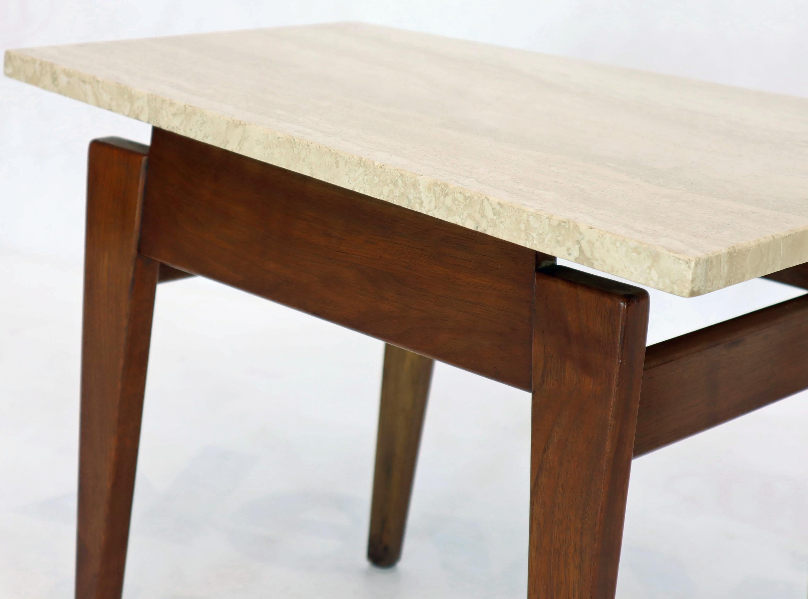 American Pair of Risom Walnut End Tables W/ Wedge Shape Travertine Marble Tops 
