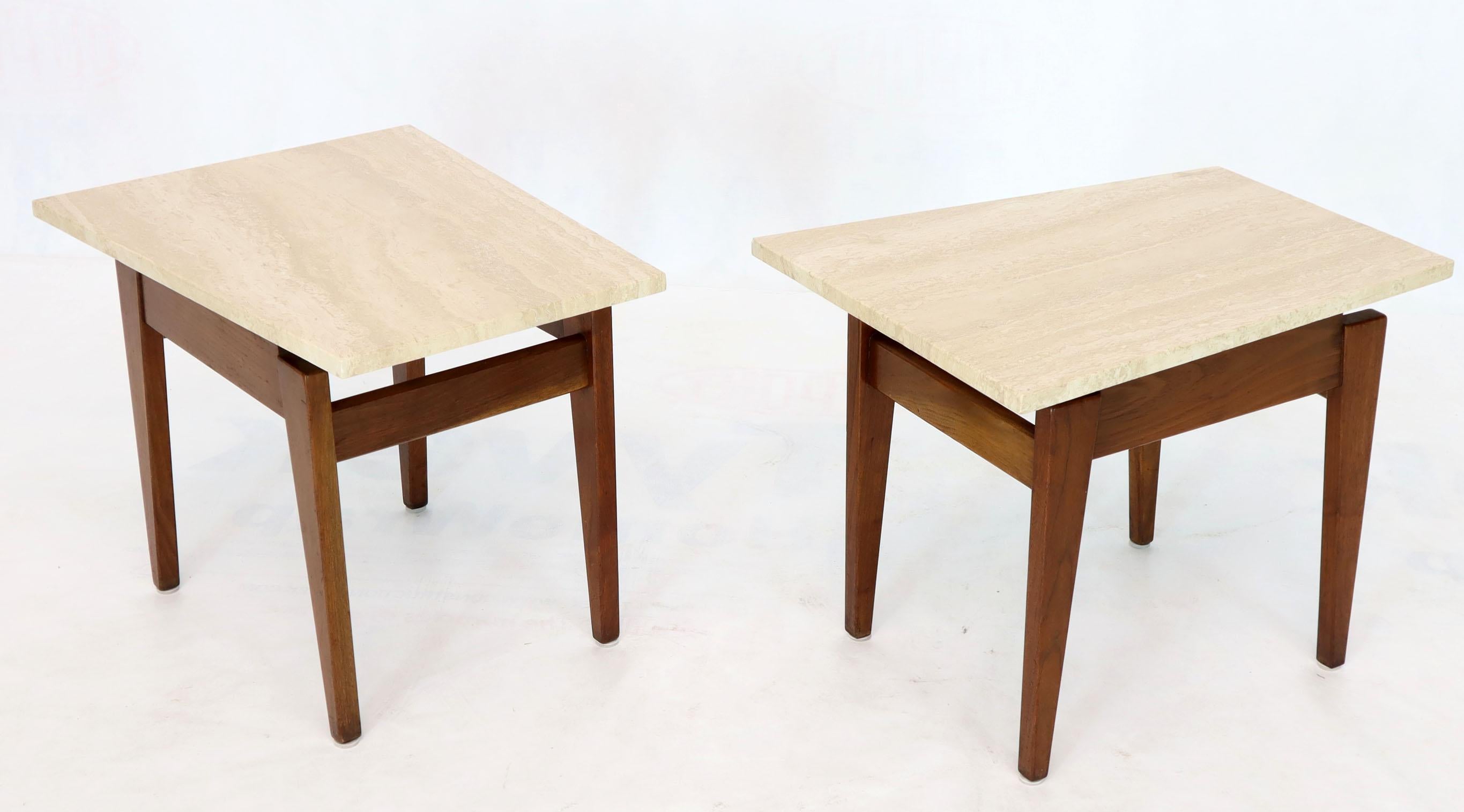 Oiled Pair of Risom Walnut End Tables W/ Wedge Shape Travertine Marble Tops 