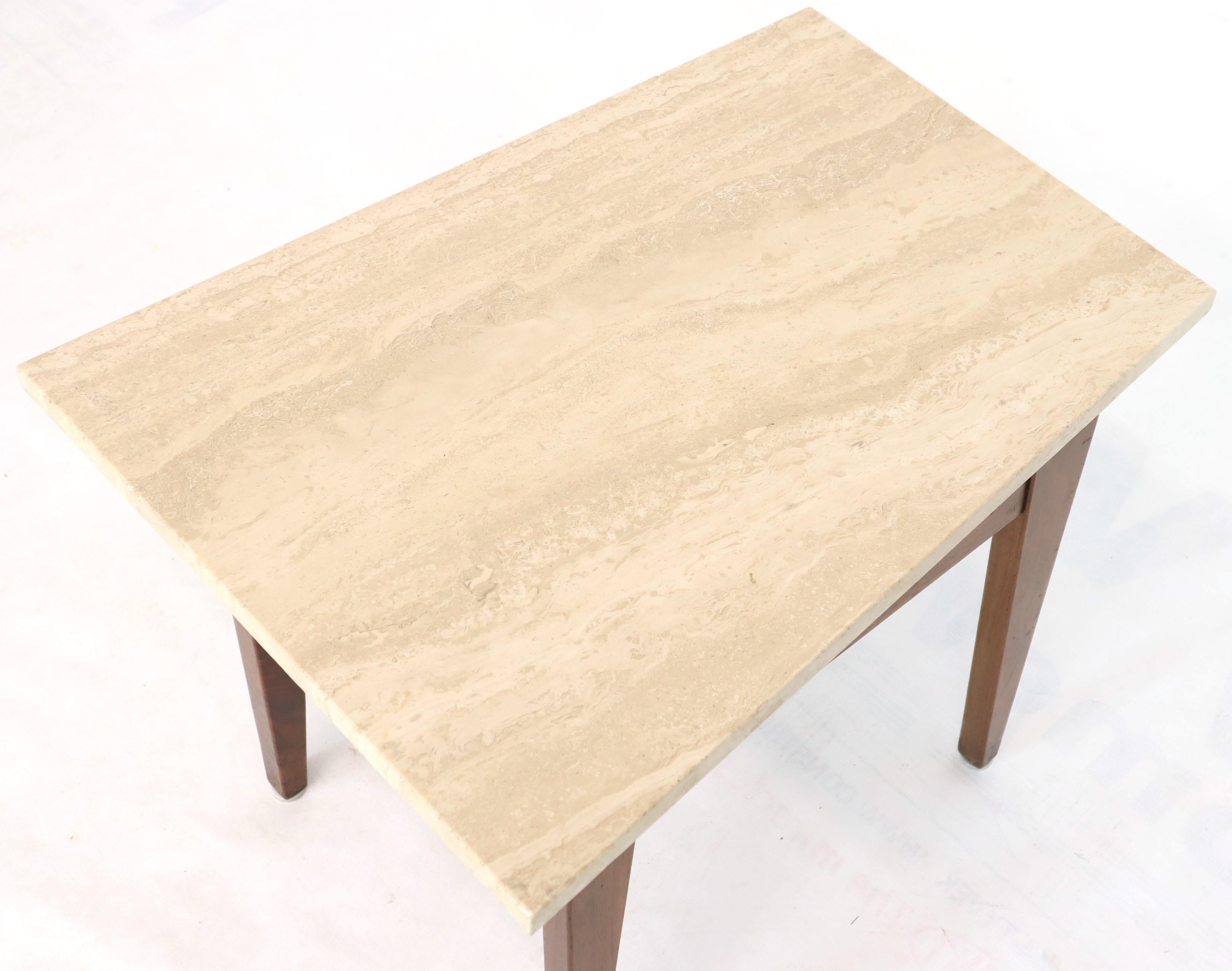 Pair of Risom Walnut End Tables W/ Wedge Shape Travertine Marble Tops  1