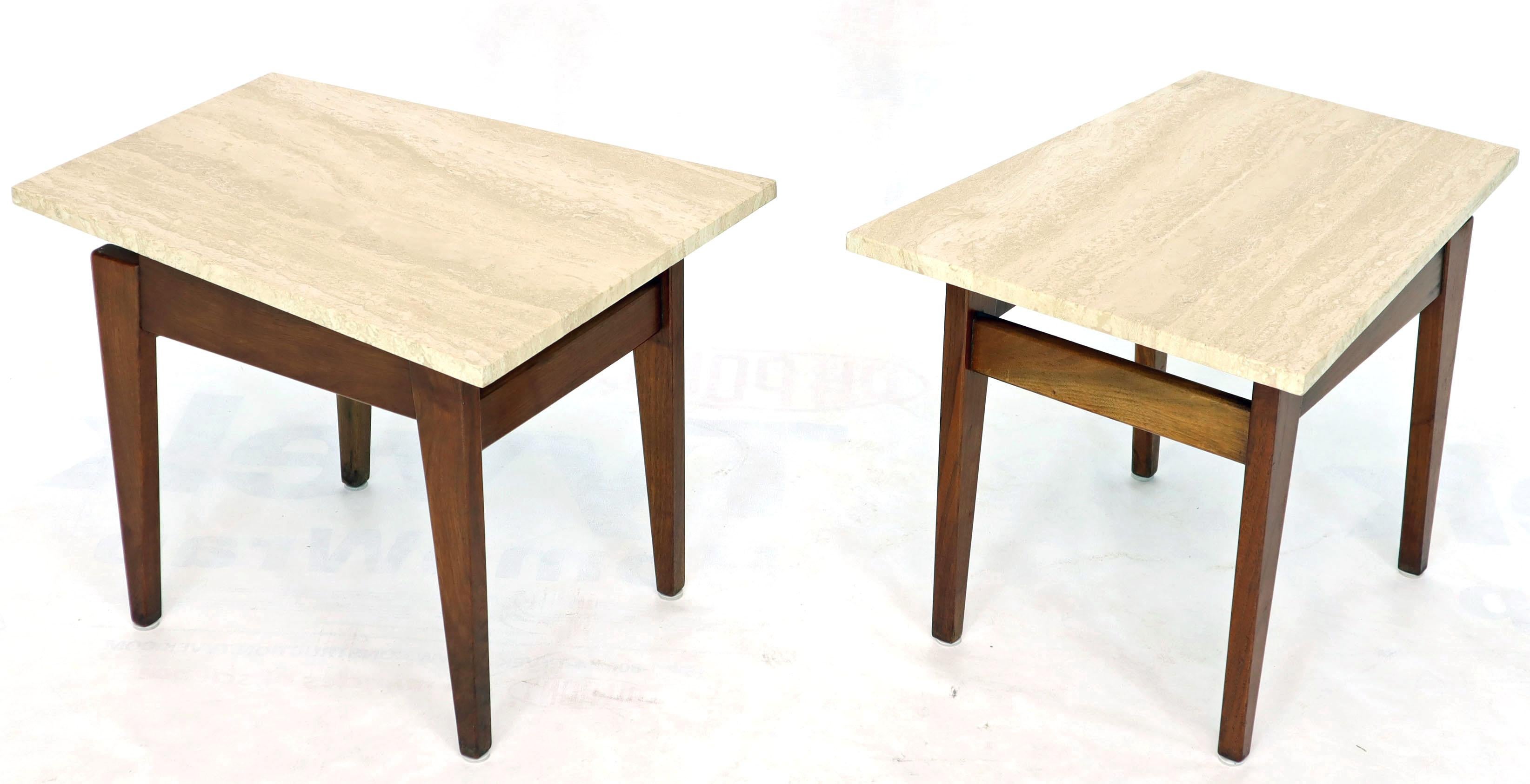 Pair of Risom Walnut End Tables W/ Wedge Shape Travertine Marble Tops  2