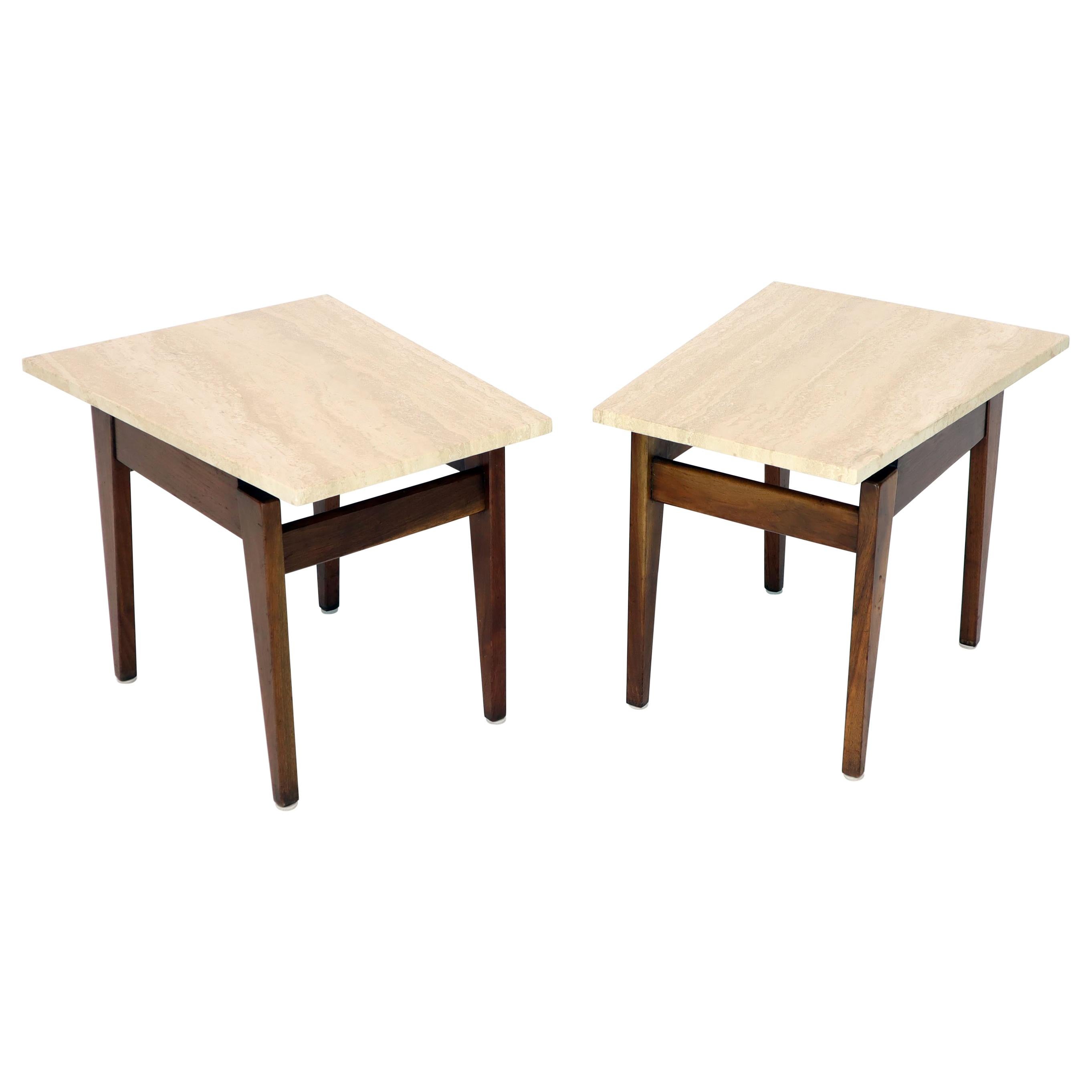Pair of Risom Walnut End Tables W/ Wedge Shape Travertine Marble Tops 