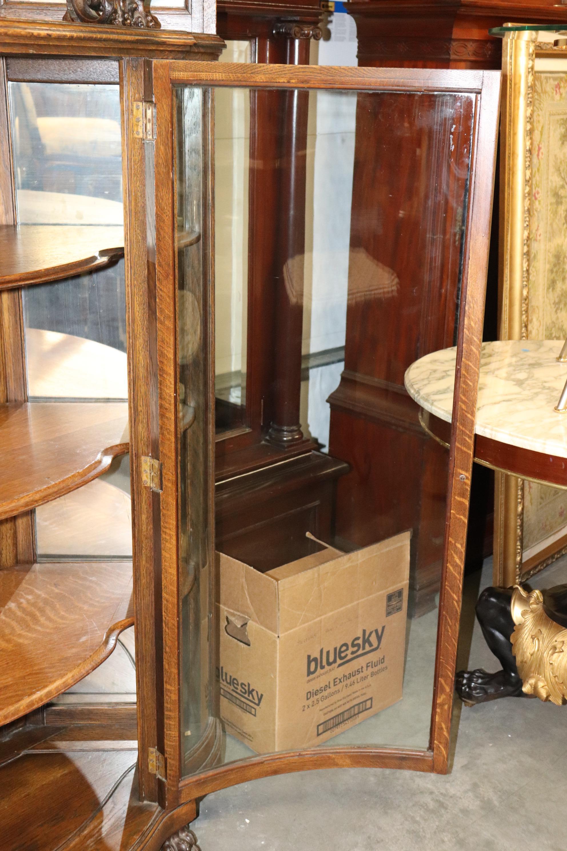 Pair of R.J. Horner Carved Oak Mirrored Griffin Corner China Cabinets Cupboards 9