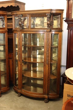 Pair of R.J. Horner Carved Oak Mirrored Griffin Corner China Cabinets Cupboards