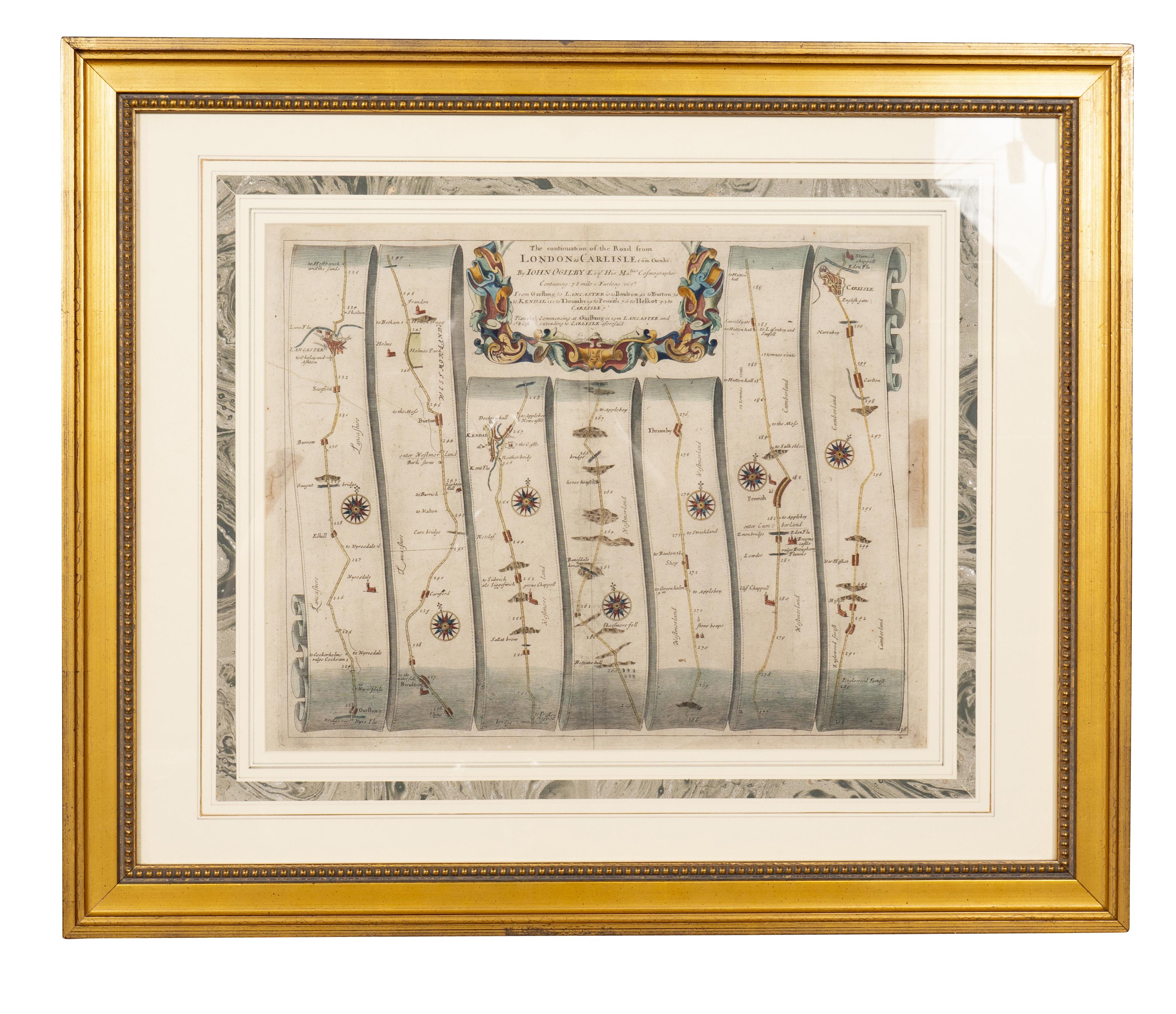 The first road maps of England. London to Holyhead and London to Carlisle. Nicely framed and matted. These are plates removed from a book. These are first editions printed in the late 17th century.