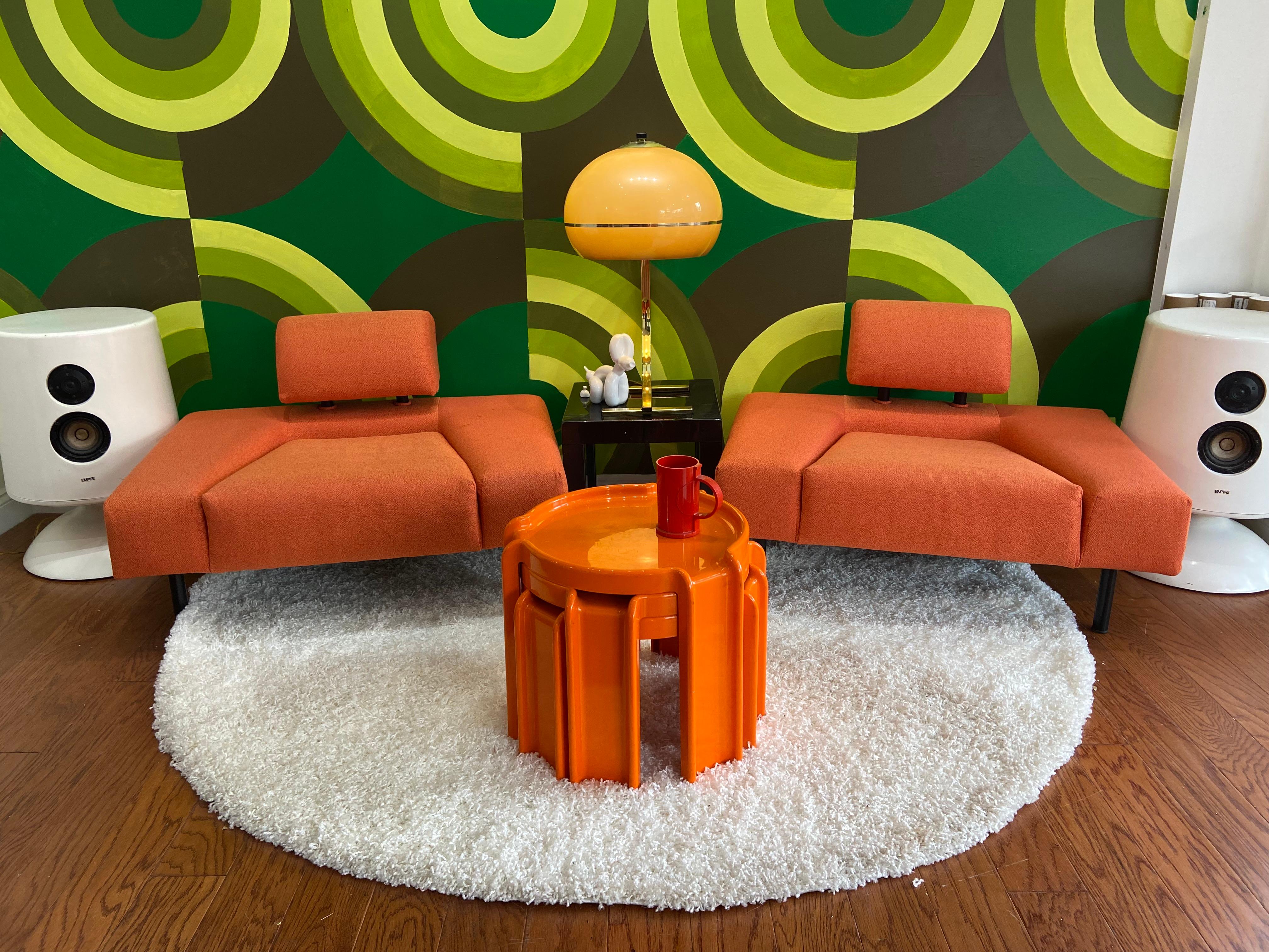 Chromium is featuring a pair of Rob Eckhardt, pouf ‘Garni’ lounge chairs imported from the Netherlands and freshly upholstered in orange fabric.  Despite there minimalist design, these amazingly comfortable chairs add a whimsical space age modern