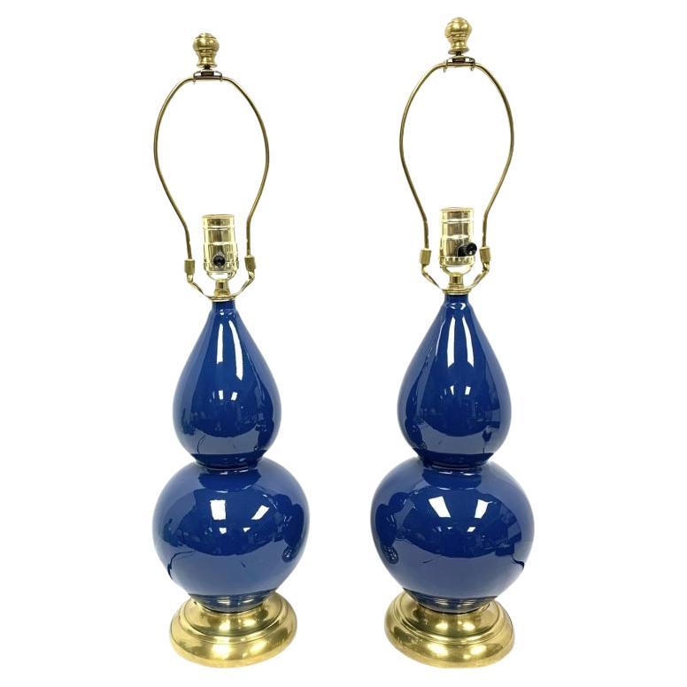 Paire de lampes de table en céramique bleue à double gourde de Robert Abbey