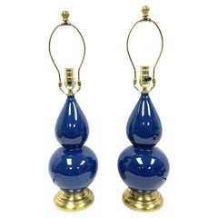Pair Of Robert Abbey Double Gourd Blue Ceramic Table Lamps