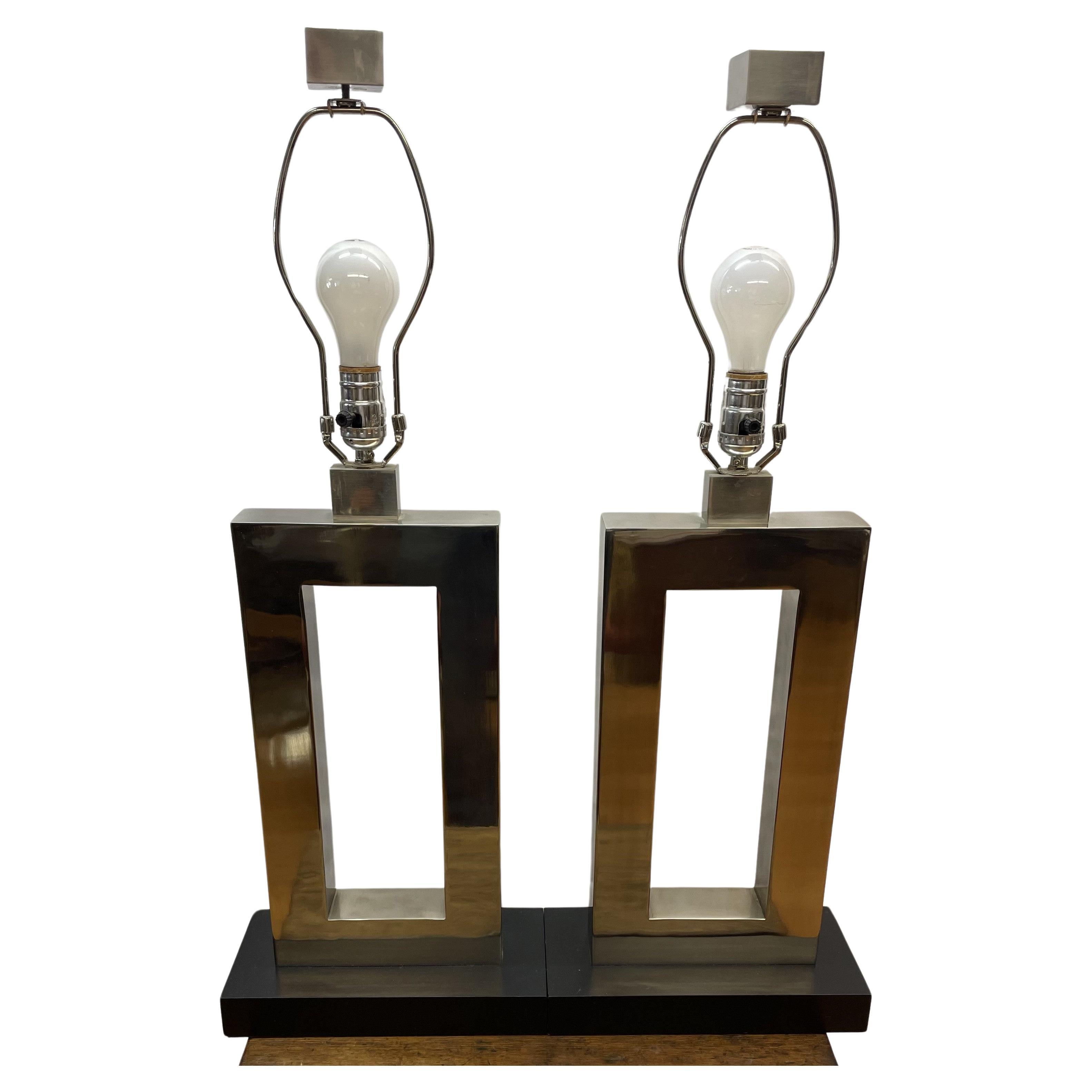 Pair of Robert Abppy brass table lamps with shades