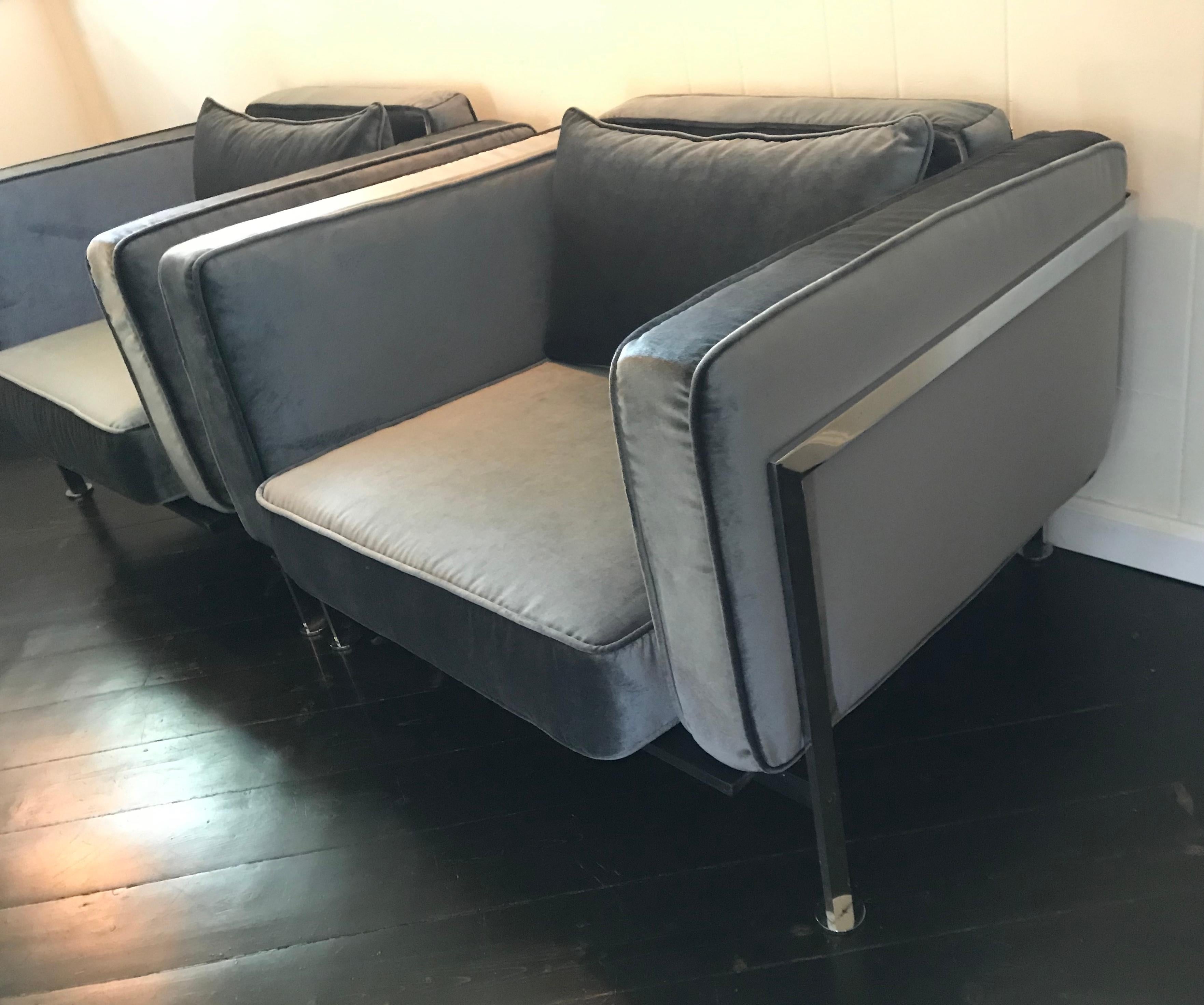Pair of Robert Haussmann Club Chairs, Reupholstered in Slate Gray Velvet, 1970's In Good Condition In Bedford Hills, NY