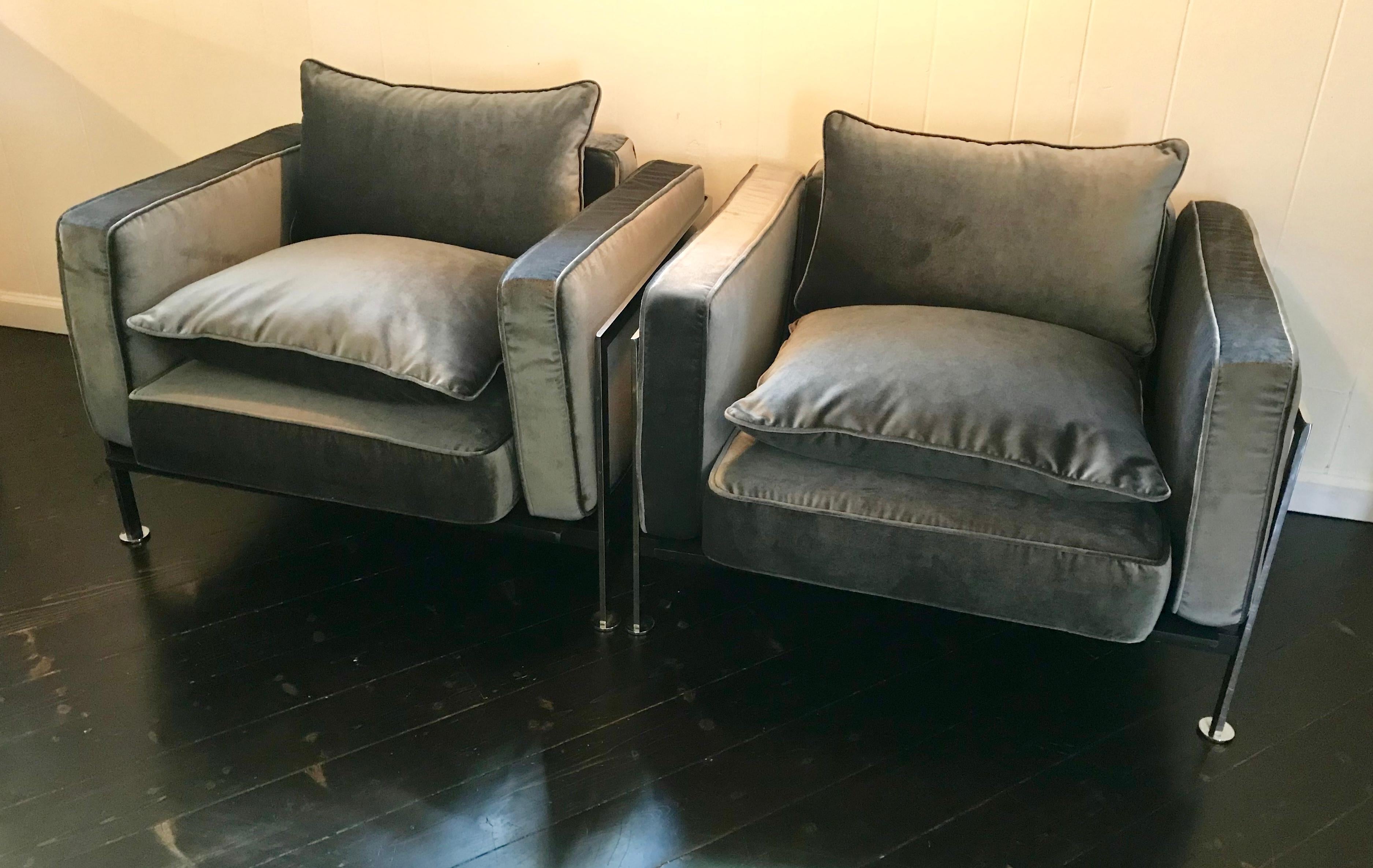 Fabric Pair of Robert Haussmann Club Chairs, Reupholstered in Slate Gray Velvet, 1970's