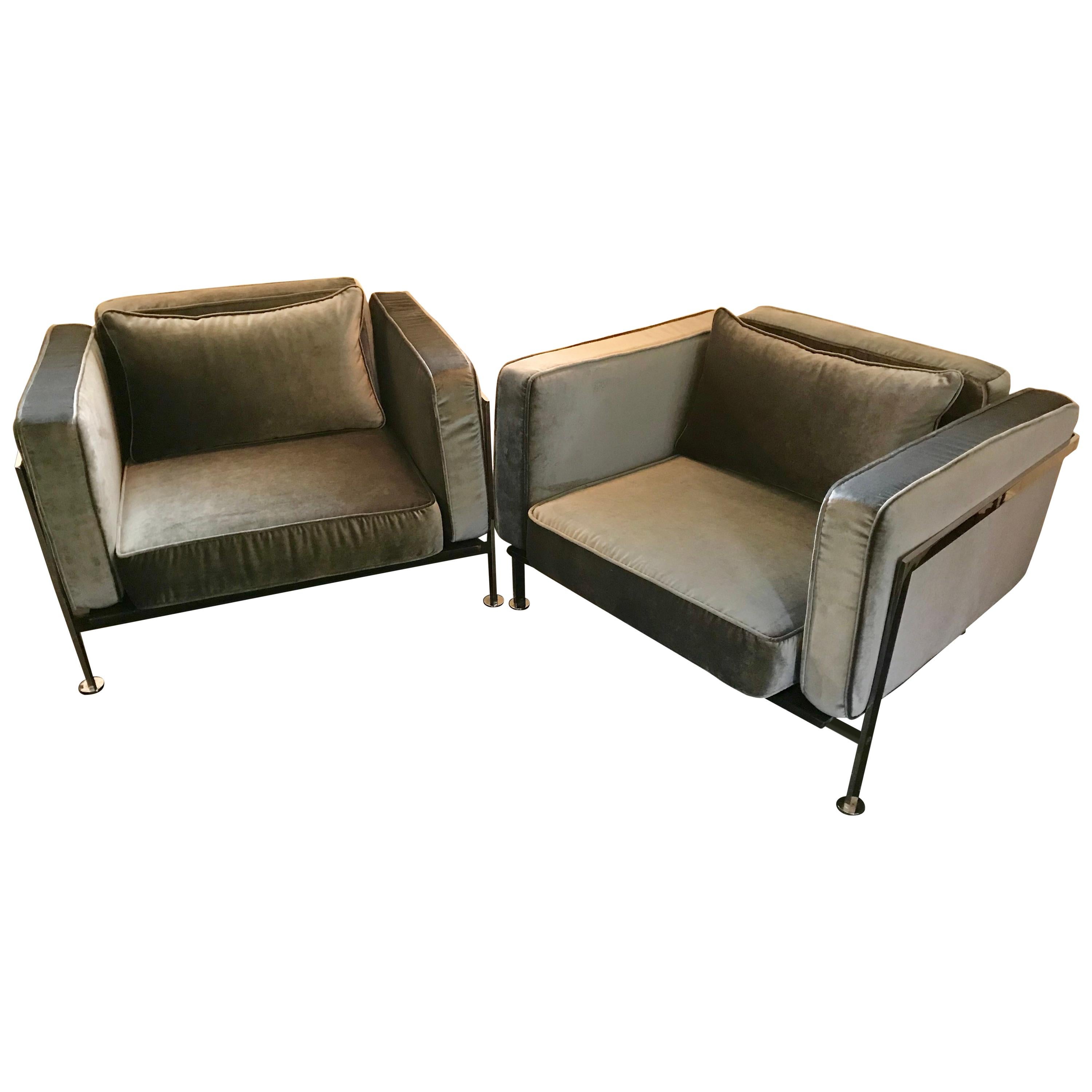Pair of Robert Haussmann Club Chairs, Reupholstered in Slate Gray Velvet, 1970's