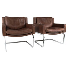 Pair of Robert Haussmann for De Sede DS-201 Mid Century Brown Leather Armchairs