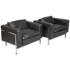 Pair of Robert Haussmann RH 302 Leather Armchairs, Switzerland, 1960s