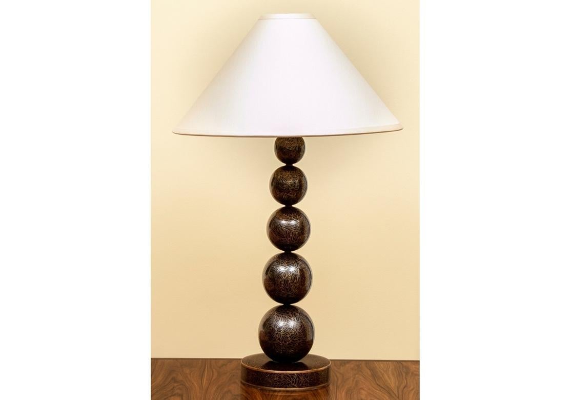 Robert Kuo designed cloisonné table lamps with interlocking leaf design comprised of five spheres in graduated size from 2 1/2