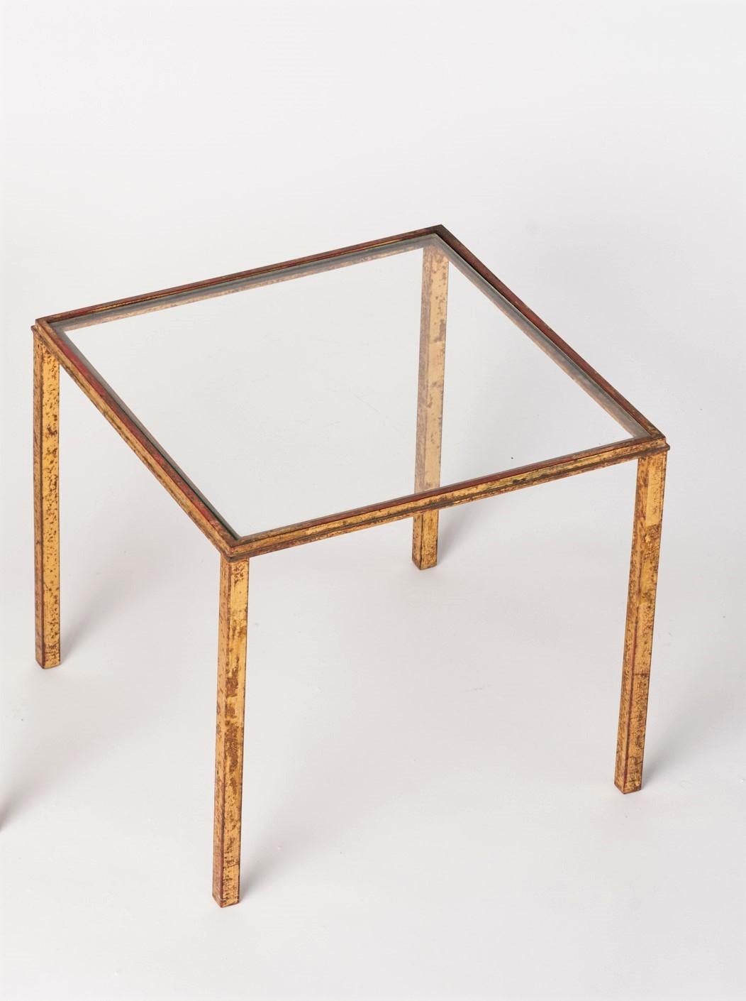 Pair of Robert Thibier Gold Leaf and Red Patina Side Tables, France, 1960's In Fair Condition For Sale In New York, NY