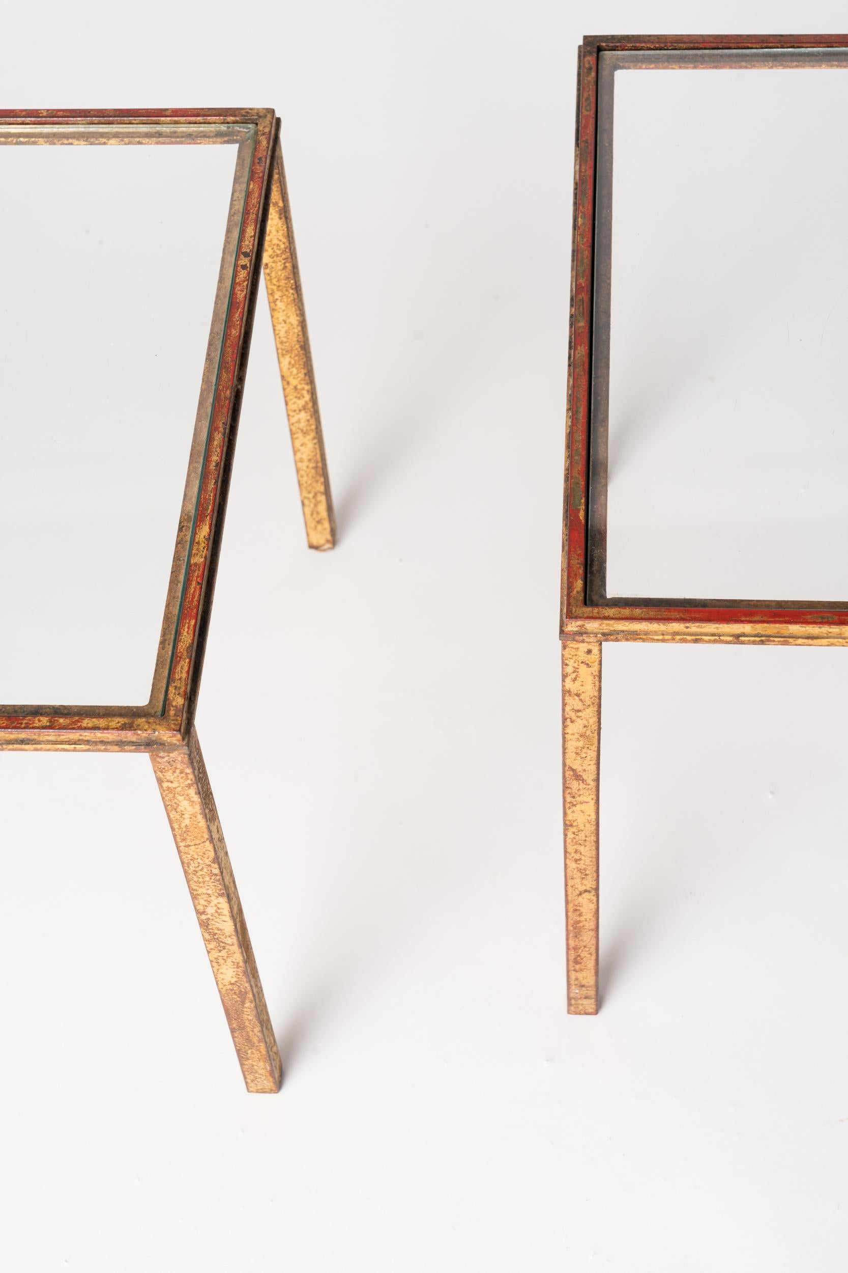 Mid-20th Century Pair of Robert Thibier Gold Leaf and Red Patina Side Tables, France, 1960's For Sale