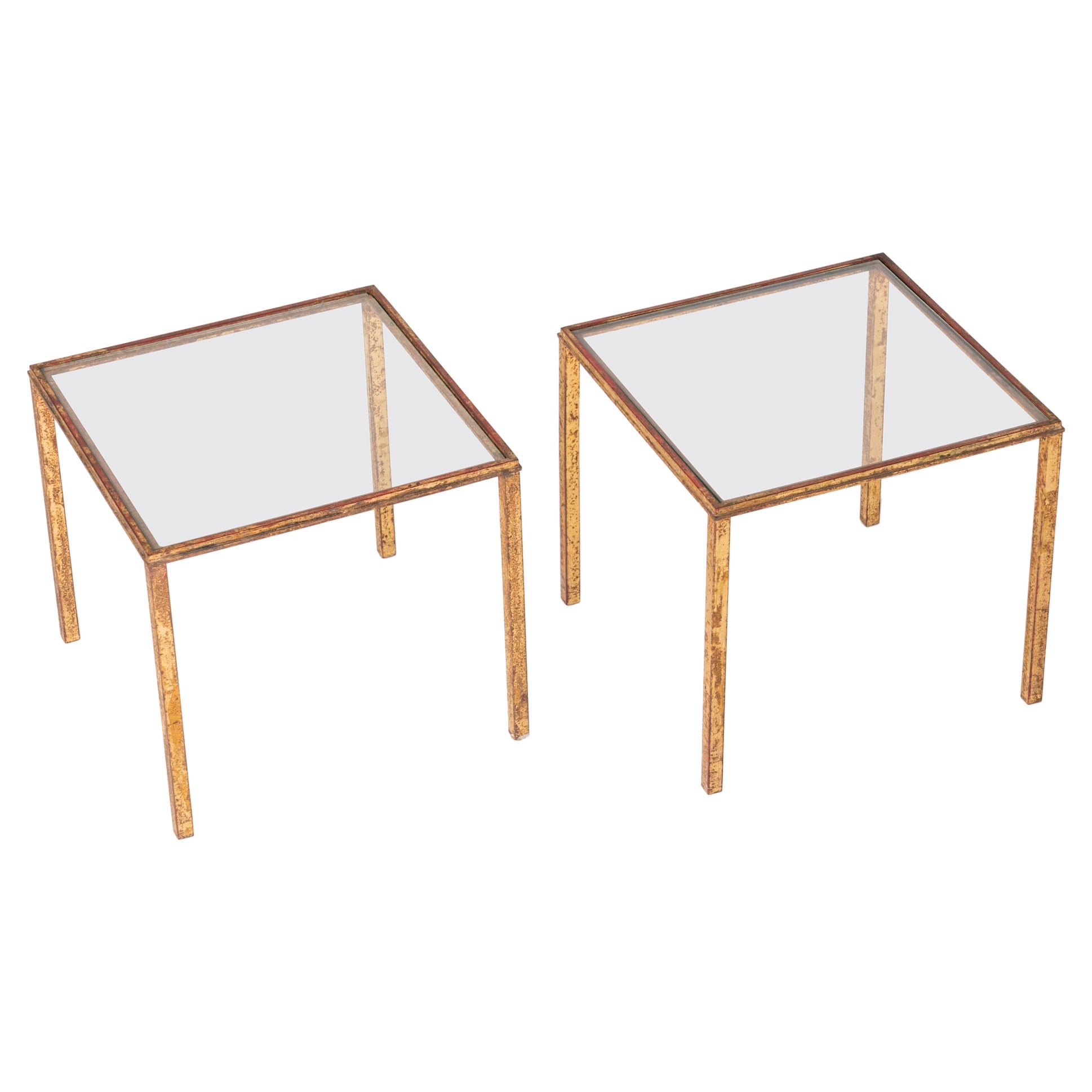 Paire de tables d'appoint Robert Thibier en feuilles d'or et patine rouge, France, années 1960