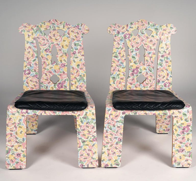 Pair of Knoll 'Chippendale' Mid-Century Modern chairs by Robert Venturi. 'Grandmother' pattern finish by partner Denise Scott Brown for Knoll, label on underside (One does not have its original tag).