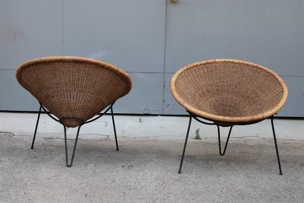 Pair of Roberto mango armchairs Italy 1950 iron and bamboo cone wicker.
