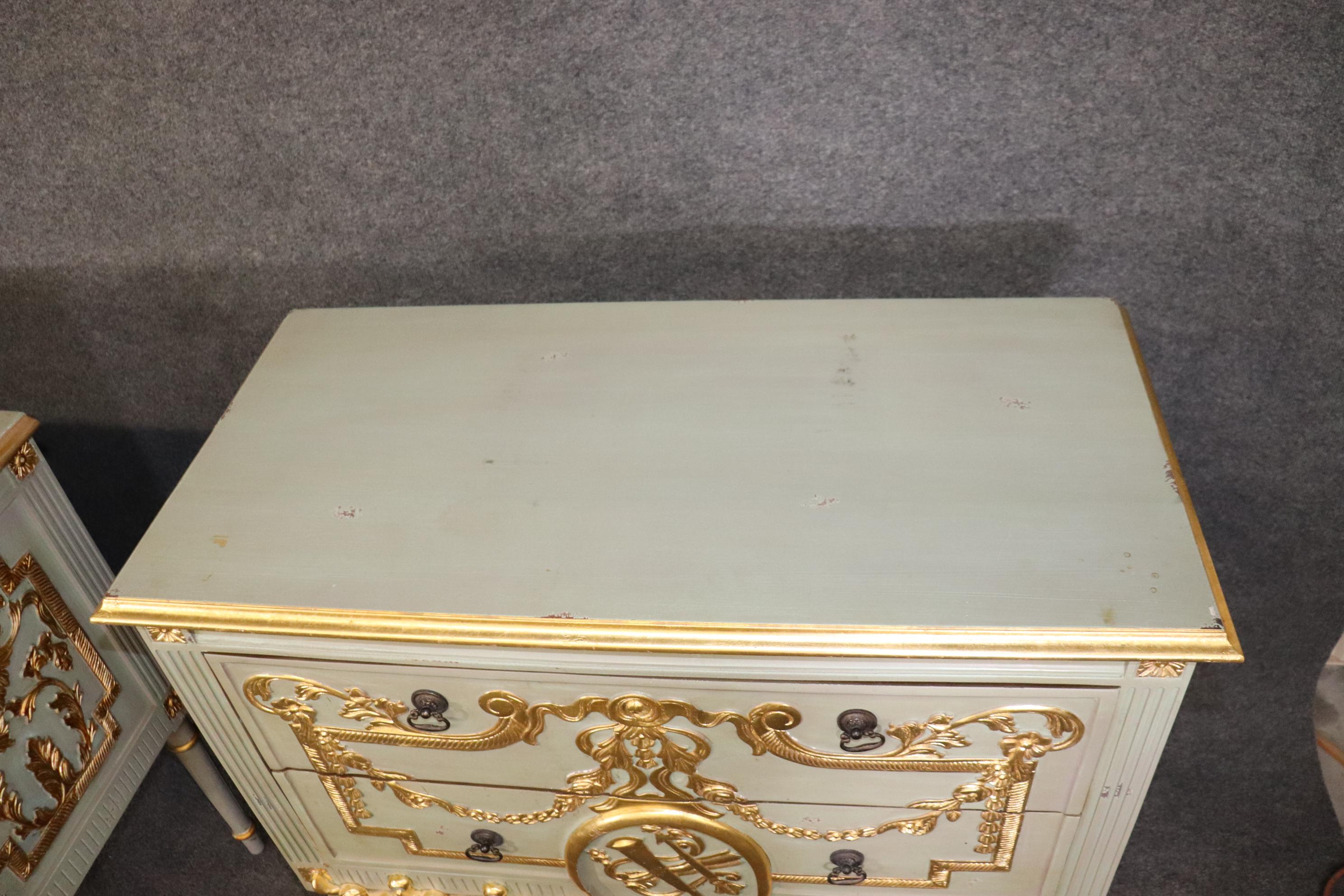 Pair of Robin's Egg Blue and Gilded French Louis XVI Style Distressed Commodes  For Sale 8