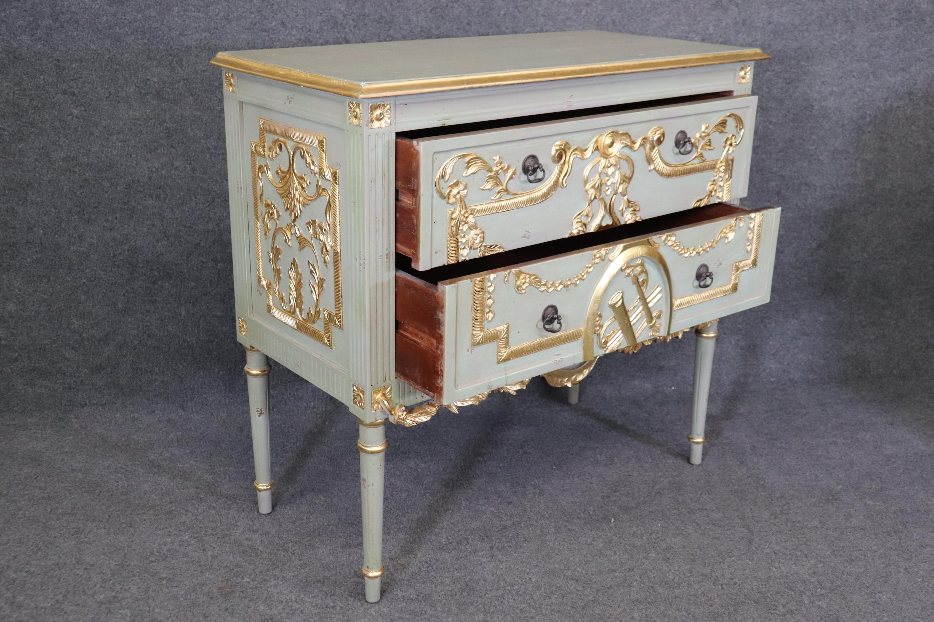 Pair of Robin's Egg Blue and Gilded French Louis XVI Style Distressed Commodes  For Sale 9