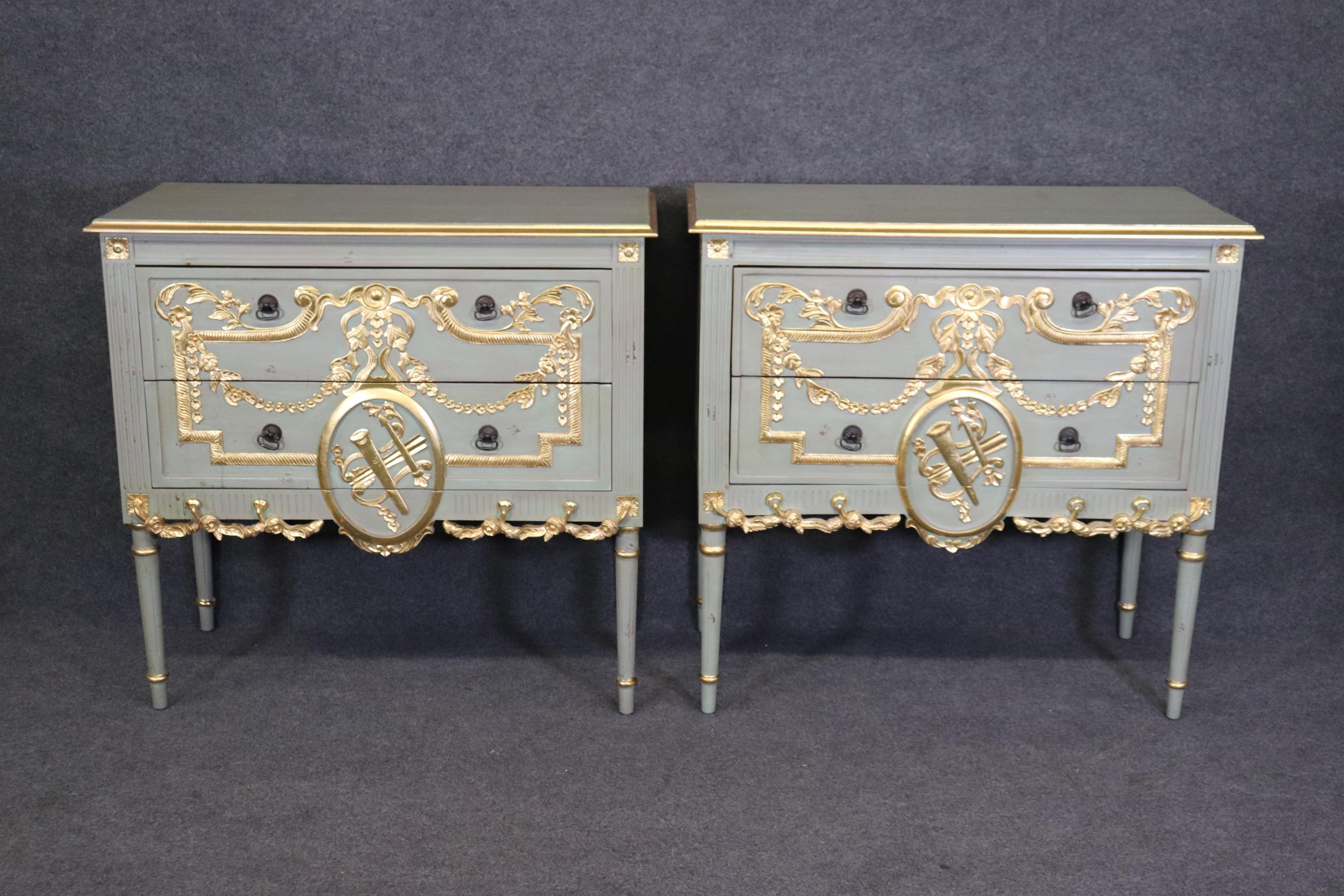 Pair of Robin's Egg Blue and Gilded French Louis XVI Style Distressed Commodes  In Good Condition For Sale In Swedesboro, NJ