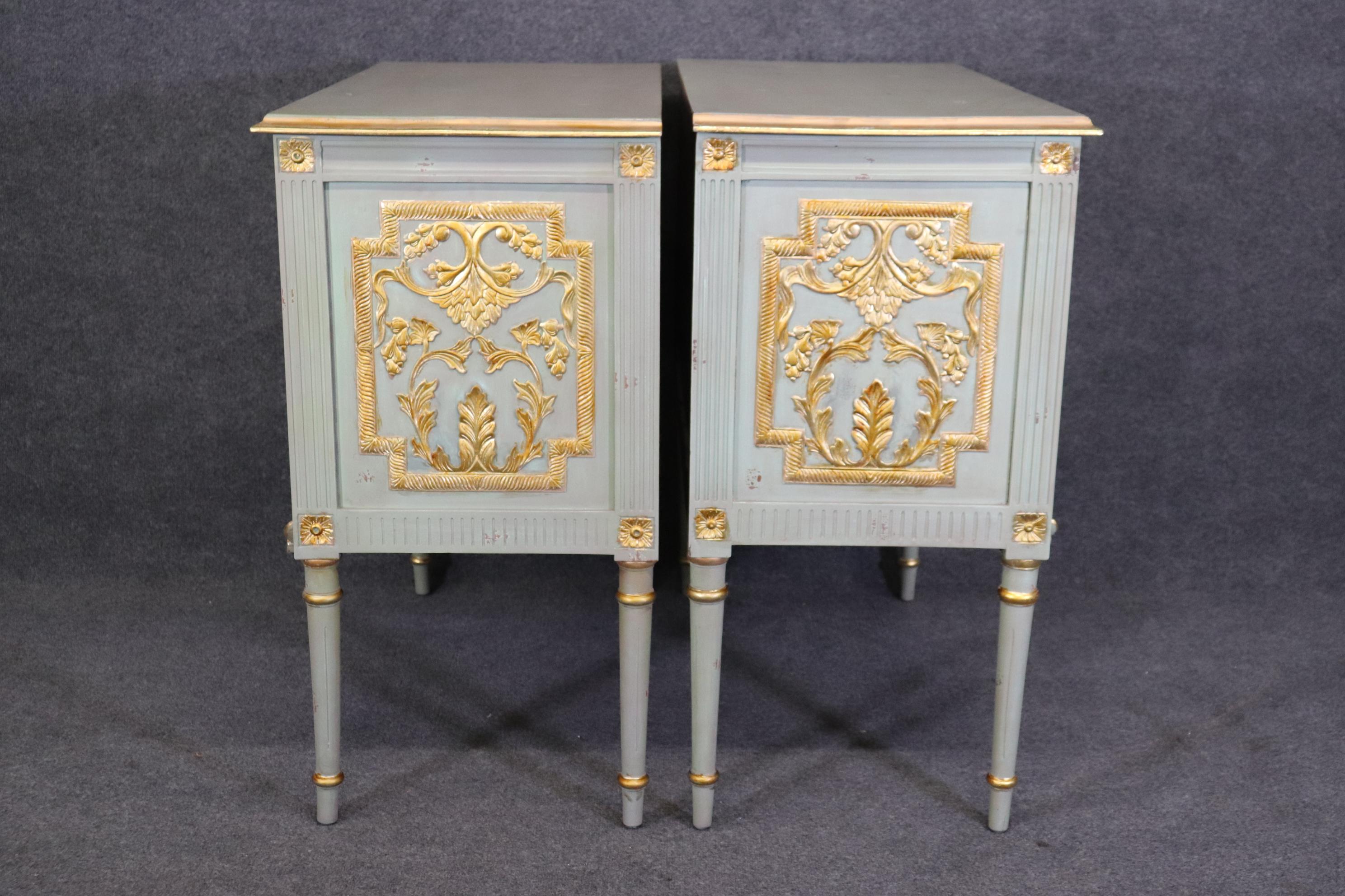 Mid-20th Century Pair of Robin's Egg Blue and Gilded French Louis XVI Style Distressed Commodes  For Sale