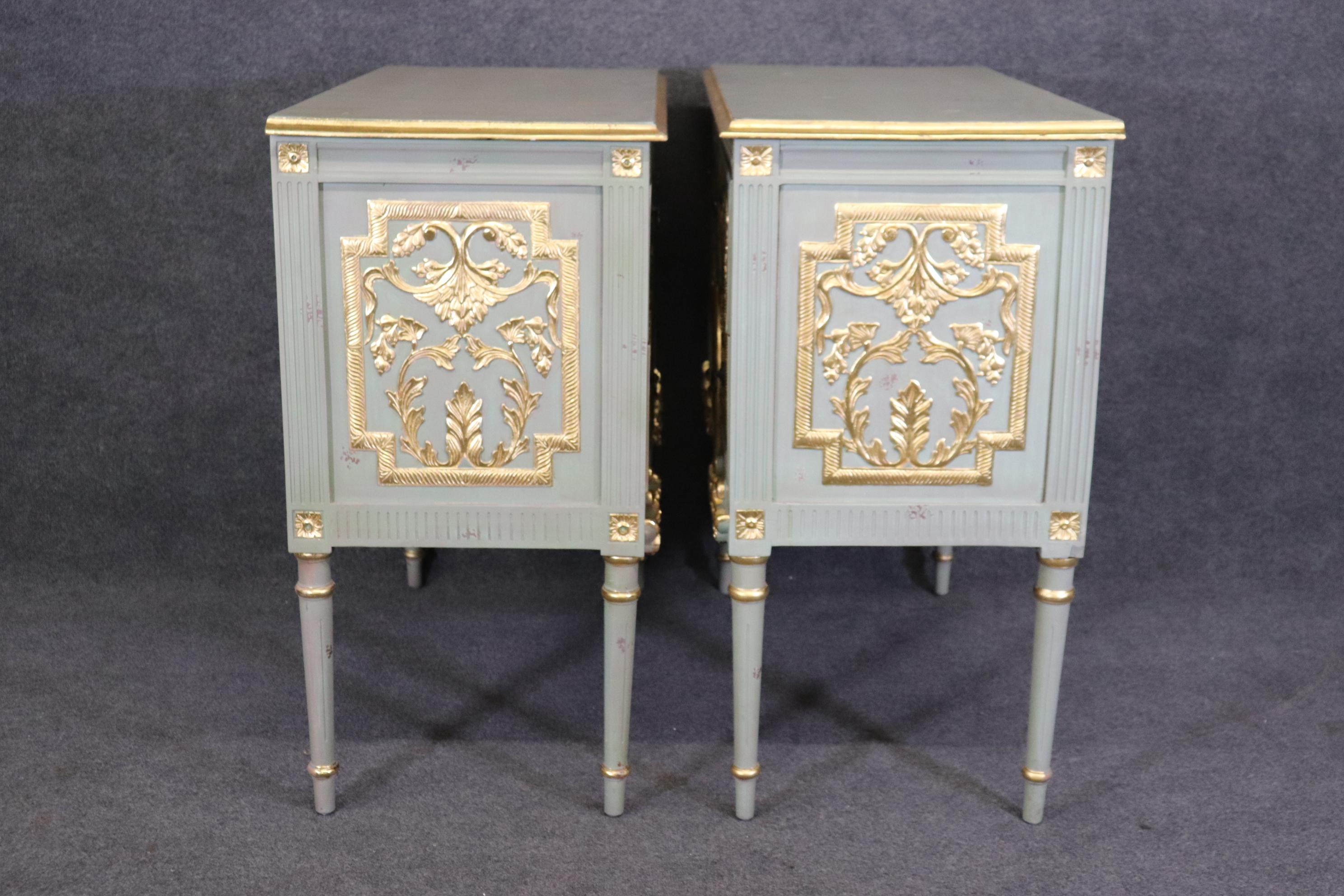 Pair of Robin's Egg Blue and Gilded French Louis XVI Style Distressed Commodes  For Sale 1