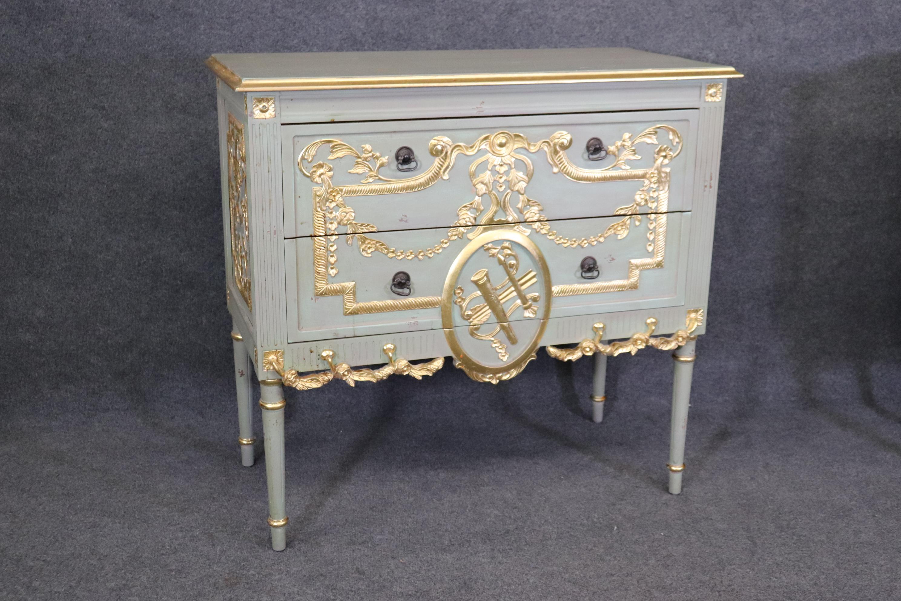 Pair of Robin's Egg Blue and Gilded French Louis XVI Style Distressed Commodes  For Sale 2
