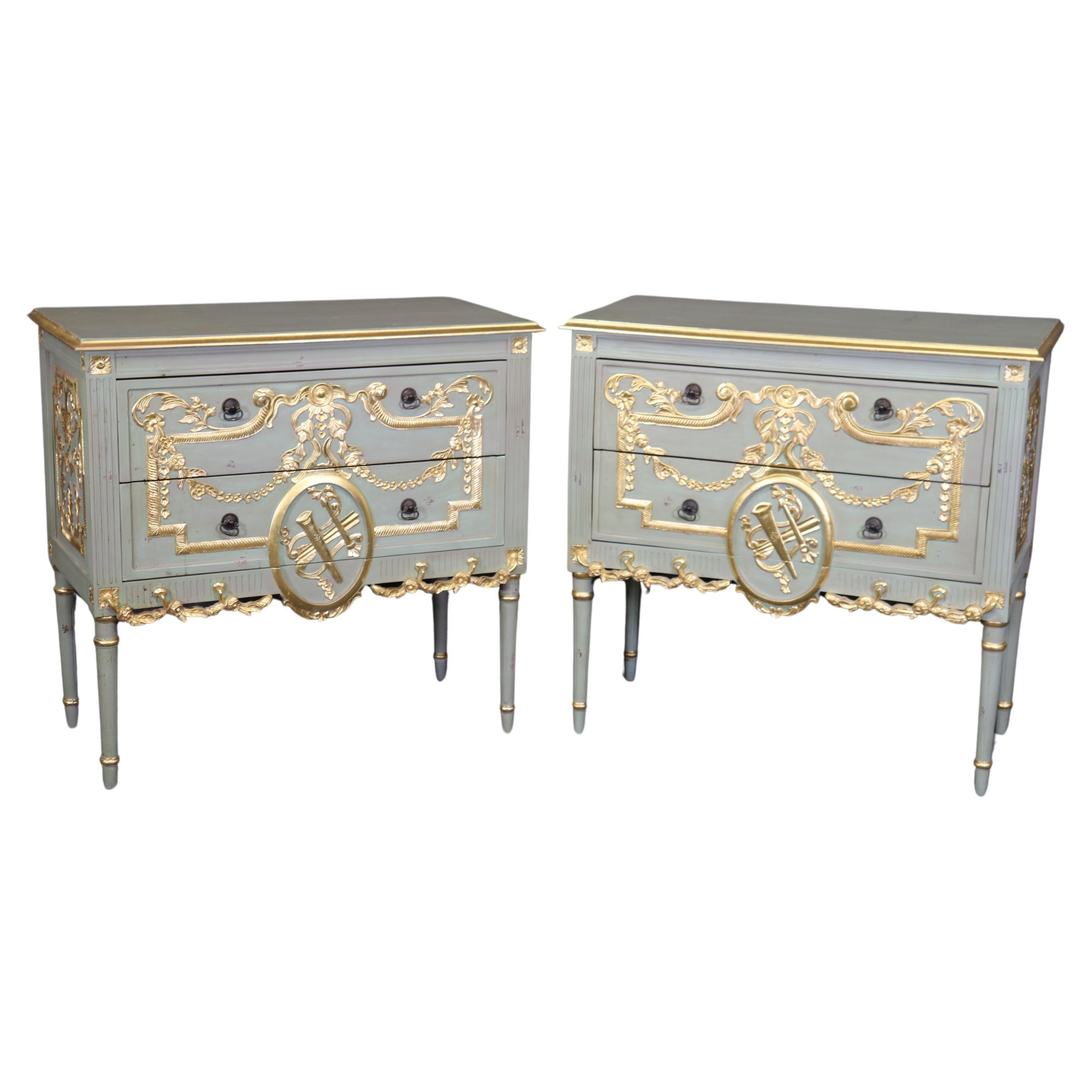 Pair of Robin's Egg Blue and Gilded French Louis XVI Style Distressed Commodes  For Sale
