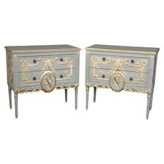 Pair of Robin's Egg Blue and Gilded French Louis XVI Style Distressed Commodes 
